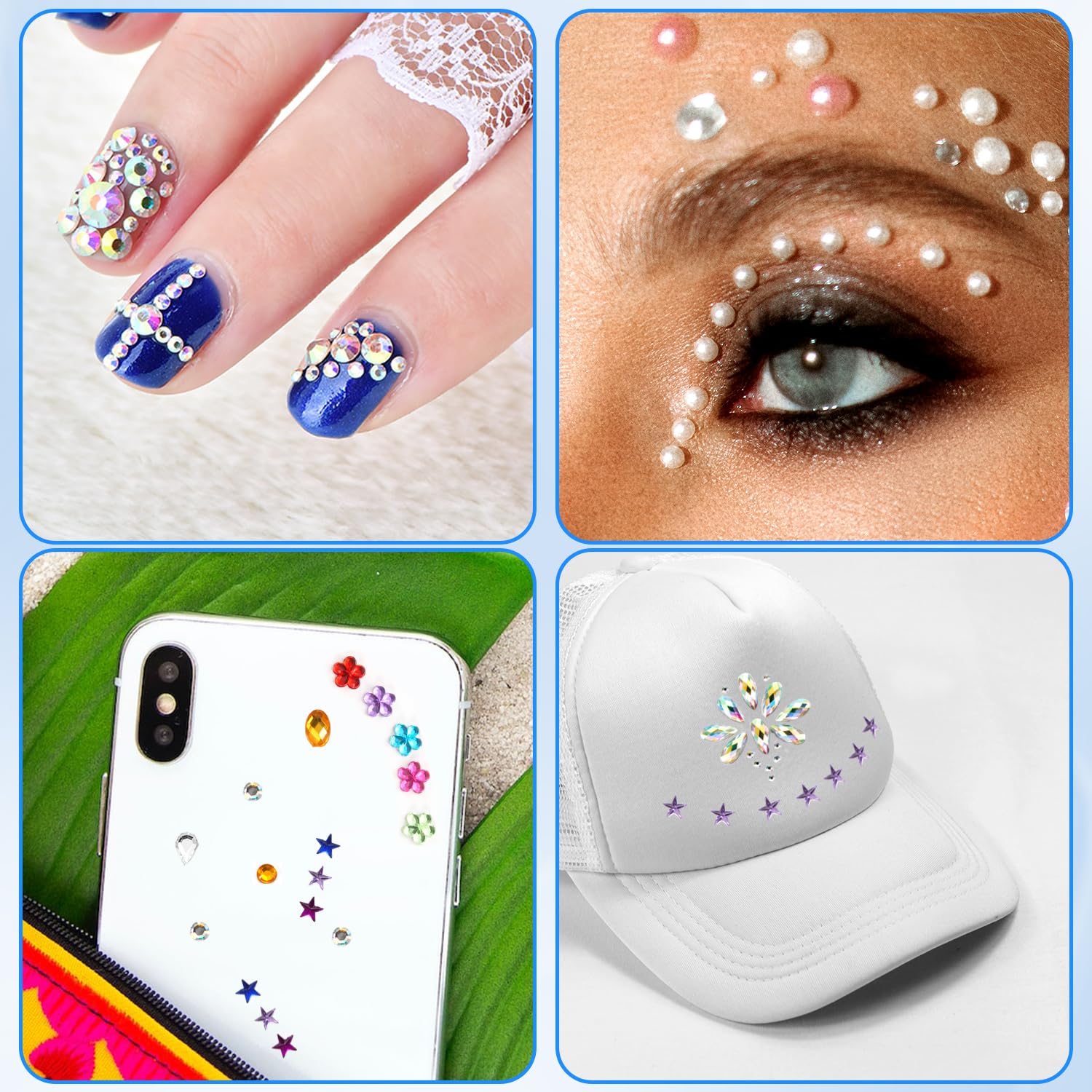 9 Sheets Self-Adhesive Face Gems Stickers - Sparkling Star, Flower & Drop Shape Rhinestones for Makeup, Halloween, Festival & Party (Pattern 1) | Perfect for Costume Parties, Raves, Music Festivals & Photo Shoots