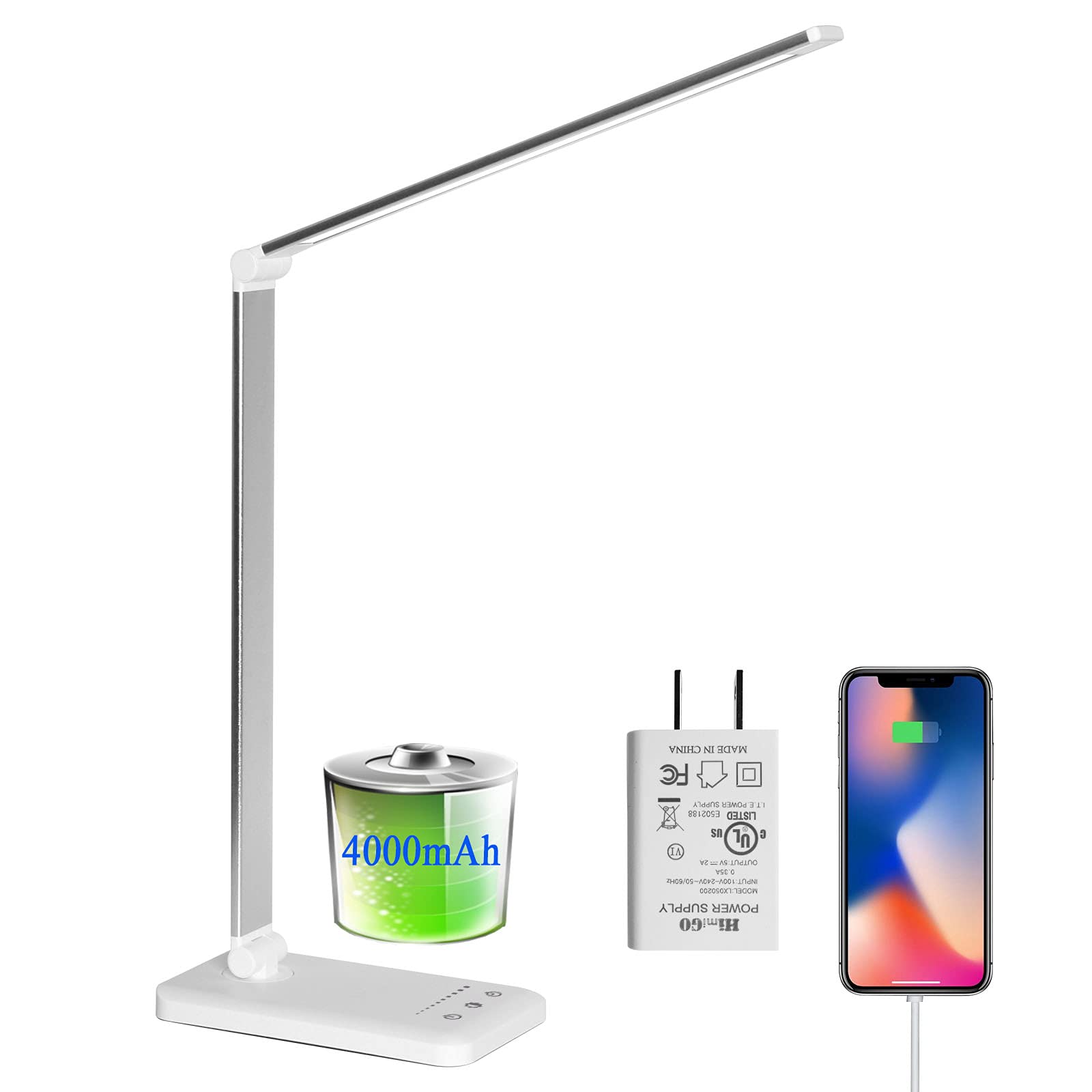 Himigo LED Desk Lamp with USB Charging - Eye-Caring Stepless Dimmable Office Table Light, 4000mAh Battery, Foldable Design, Touch Control, 30/60min Timer, 5 Lighting Modes & 5 Brightness Levels - Perfect for Home Office, Reading, Studying & Nightstand Use