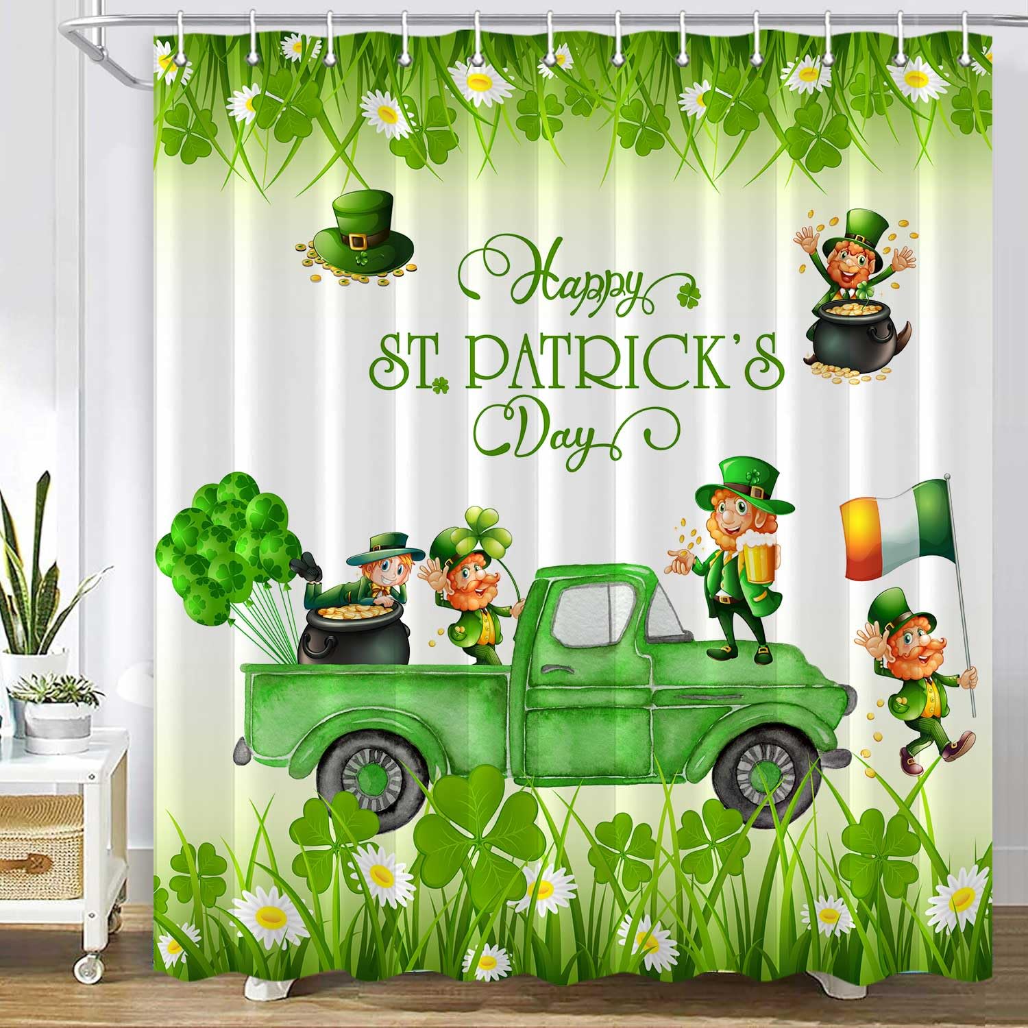 JAWO St. Patrick's Day Shower Curtain - Green Clover Shamrock Design with Golden Coins & Irish Gnome Elf - 72x72 Inches Waterproof Bathroom Decor for Irish Theme Party, Spring Home Decor & Holiday Celebration