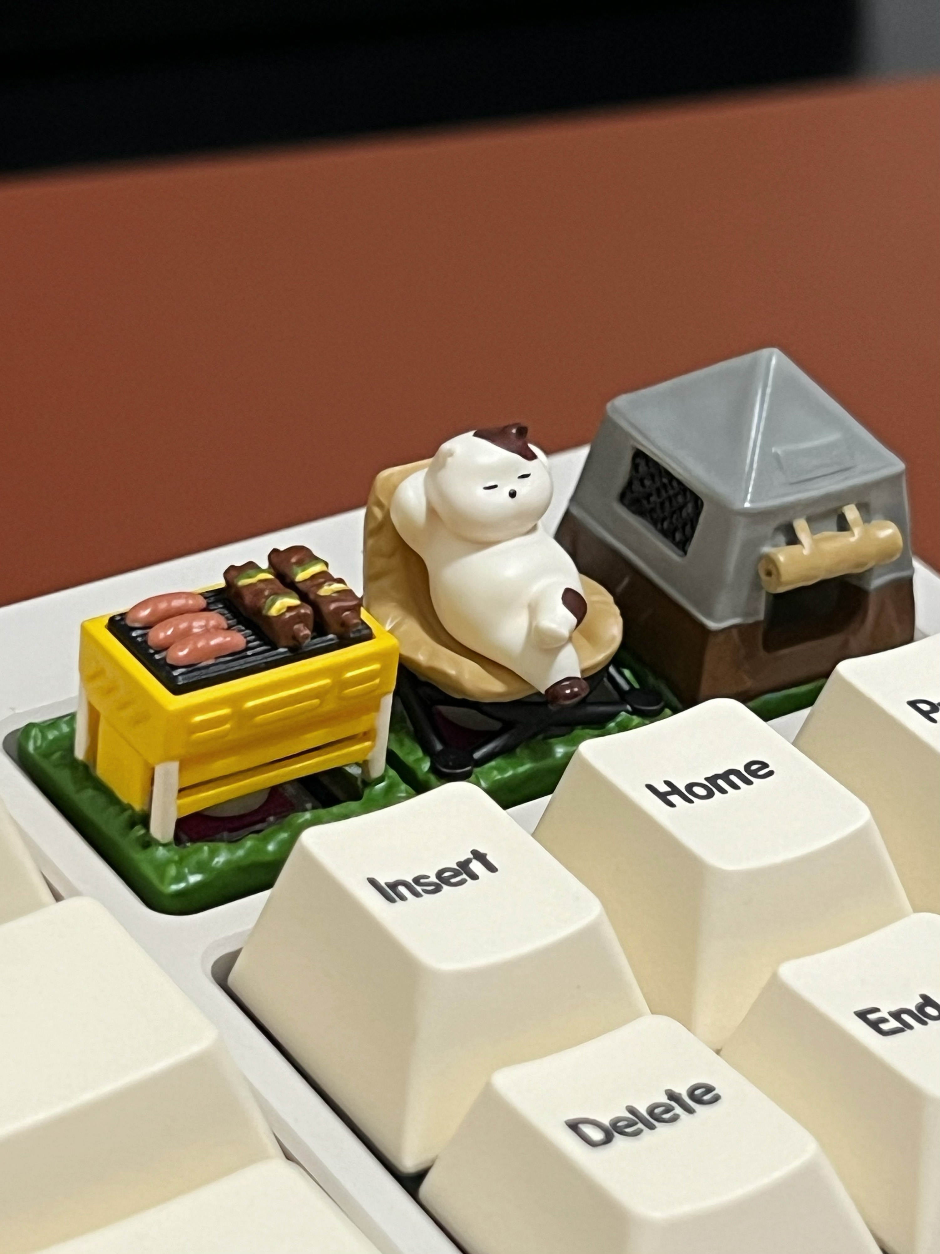 Custom Painted Camping Cat Keycaps - Universal Mechanical Keyboard Keycaps for Gaming & Typing - Outdoor Themed Decorative Keycaps for Camping Enthusiasts & PC Builders