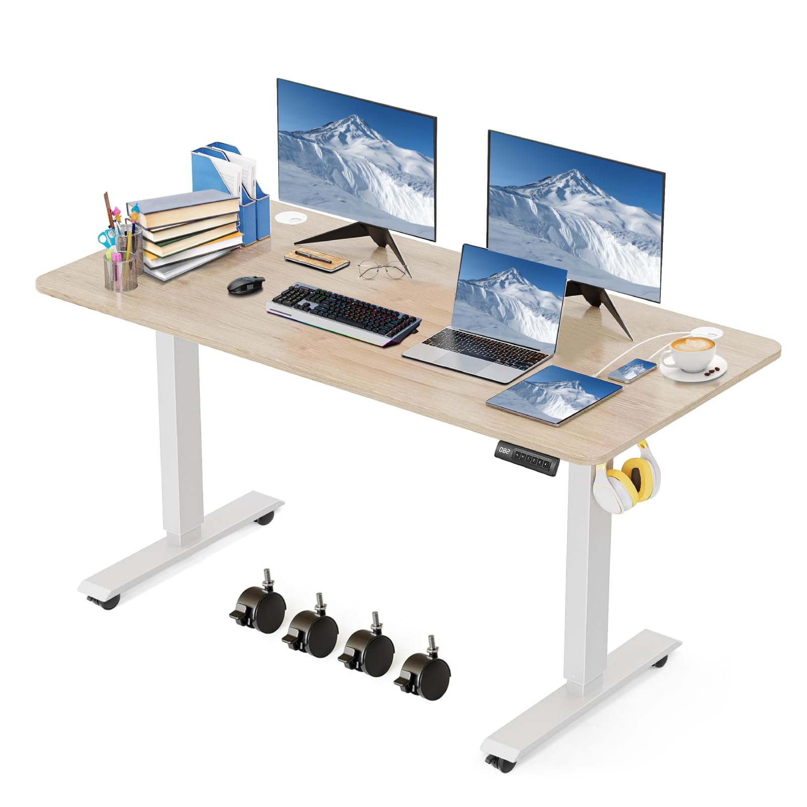 48 x 24 Inches Electric Standing Desk - Adjustable Height Sit Stand Desk with Memory Preset & Wheels, Oak Finish - Perfect for Home Office, Computer Workstation & Ergonomic Workspace Setup