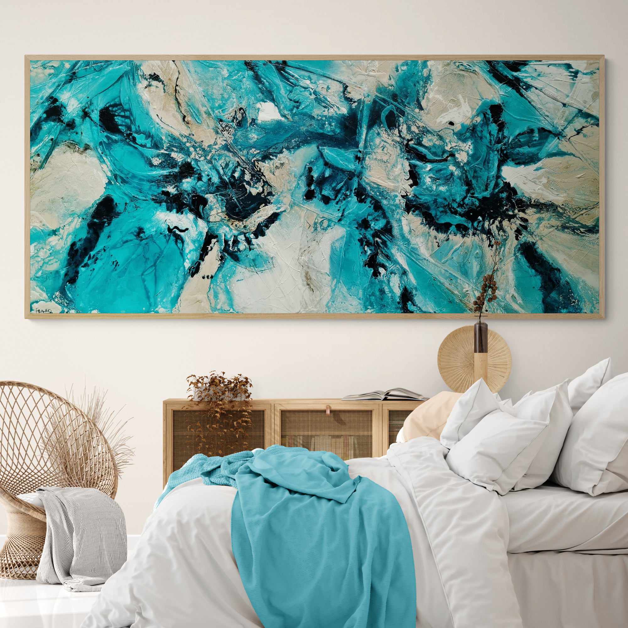 270cm x 120cm Cream Teal Textured Abstract Wall Art Painting - Handmade Canvas Artwork for Living Room, Bedroom & Office Decor | Modern Home Decoration