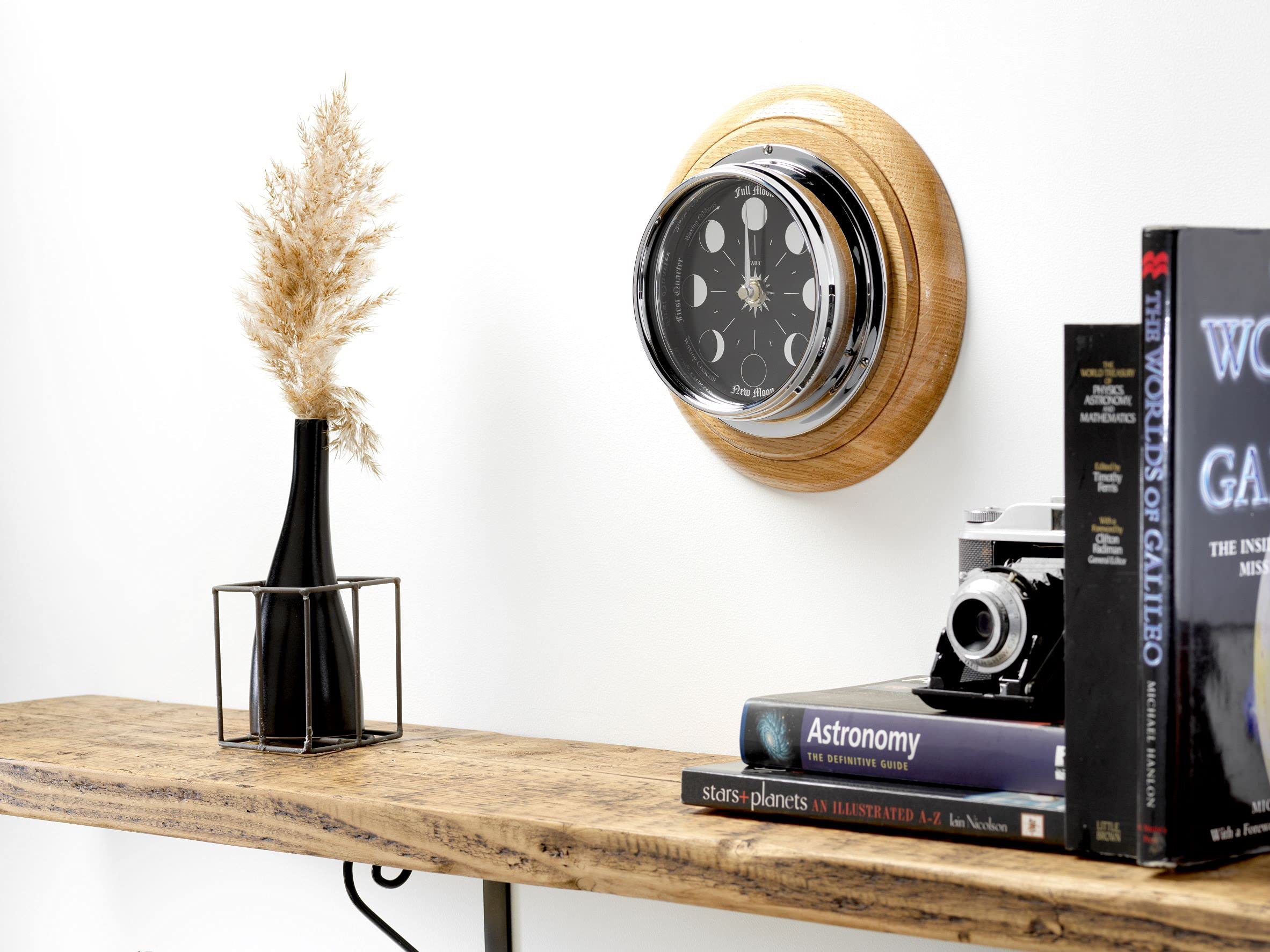 Prestige Chrome Moon Phase Wall Clock - Handcrafted English Oak Frame - Elegant Home & Office Decor for Living Room, Bedroom, Study