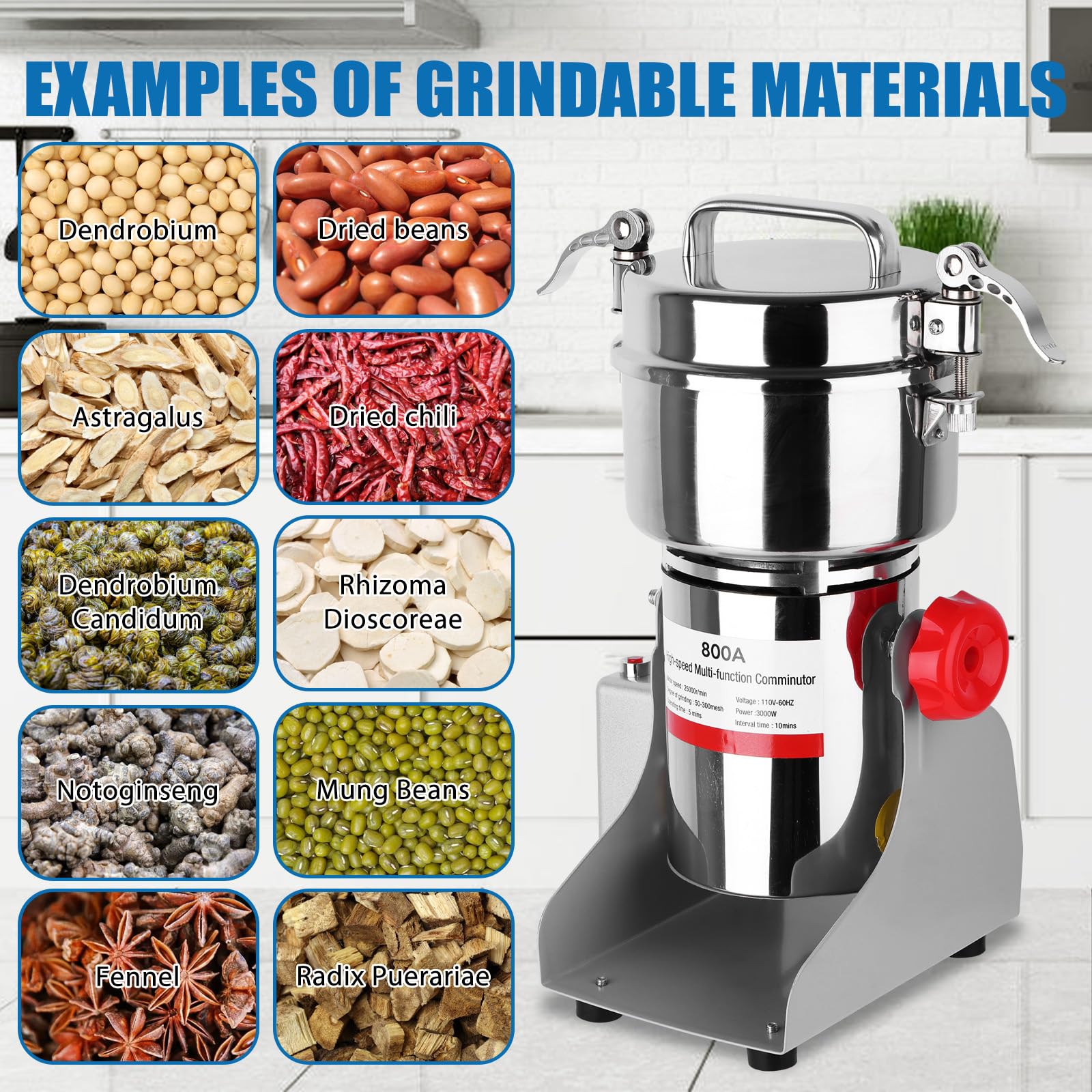 800W Electric Grain Mill Grinder - 800g Stainless Steel Commercial Spice & Herb Grinder - High-Speed 2400W Pulverizer for Coffee, Corn, Pepper, Dry Grains - Perfect for Home Kitchens, Bakeries & Coffee Shops