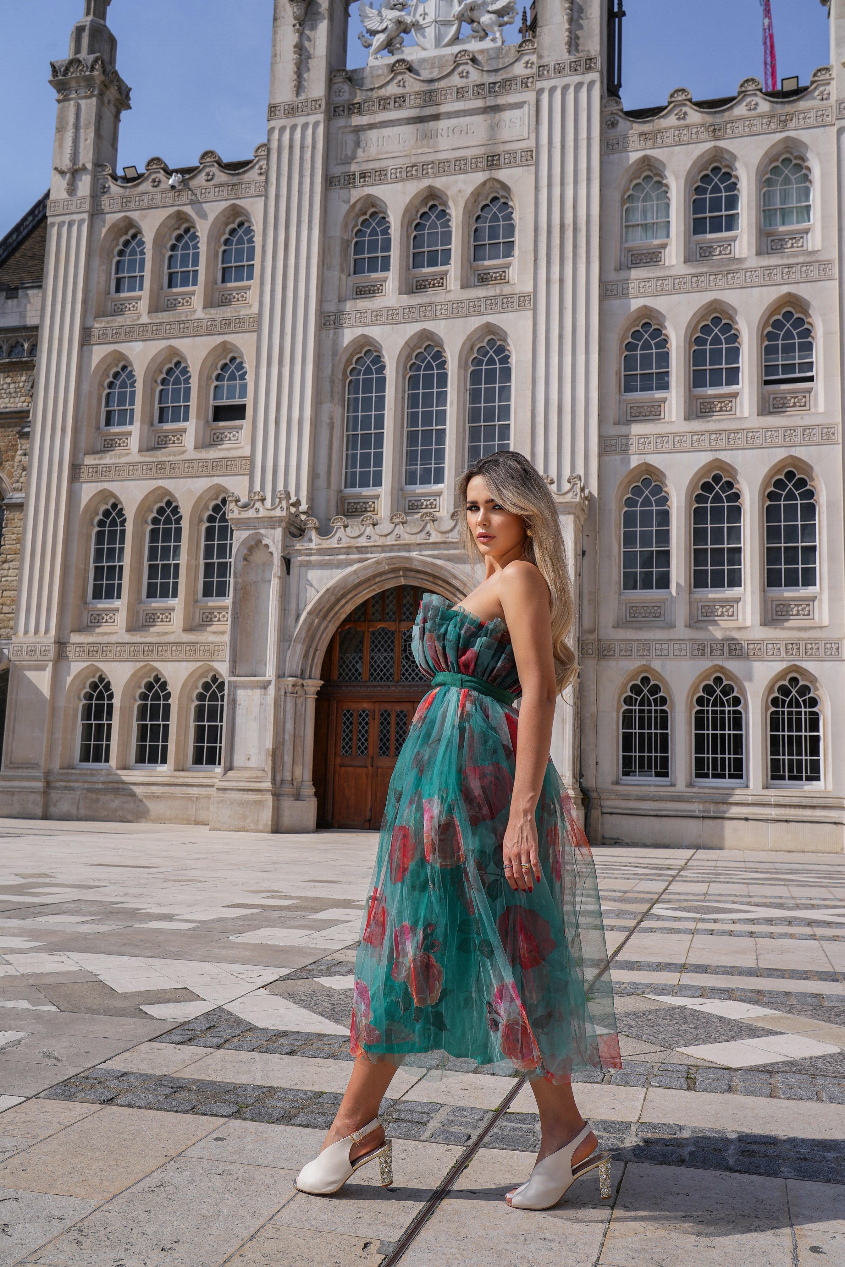 Verity Green Floral Print Tulle Midi Dress - Elegant Spring Wedding Guest Dress for Women