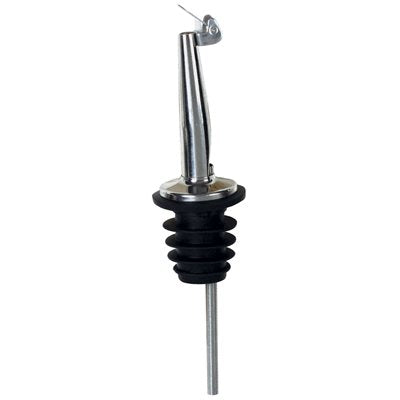 Winco Metal Pourer with Tapered Spout & Hinged Cap - Black Plastic Stopper for Liquor, Oil, and Vinegar - Perfect for Bartending, Cooking, and Home Use