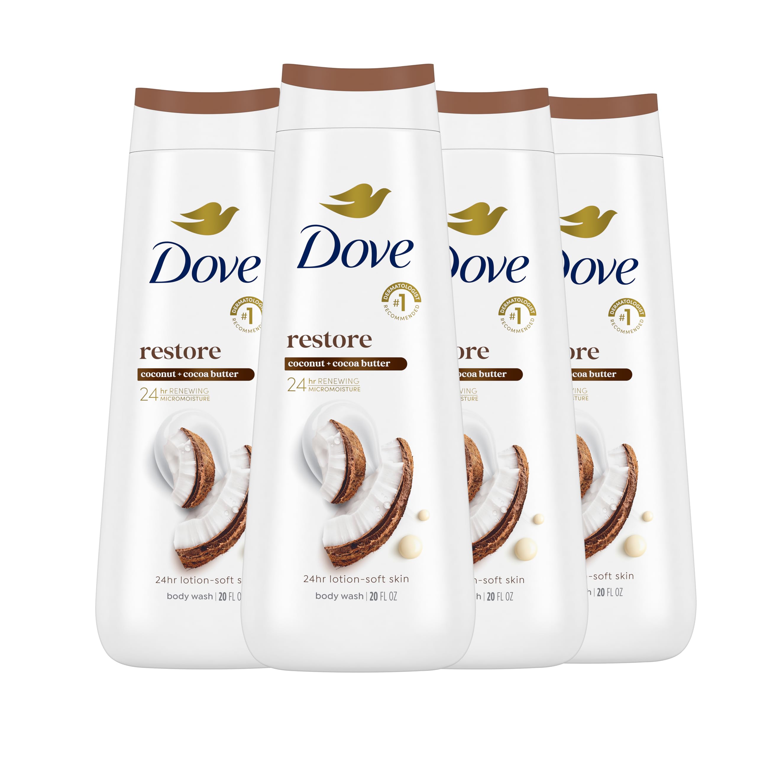Dove Body Wash Restoring Coconut & Cocoa Butter - 4 Pack (20 oz Each) | Gentle Skin Cleanser for Renewed, Healthy-Looking Skin | Effectively Washes Away Bacteria While Nourishing | Perfect for Daily Shower, Spa Day & Gift Sets