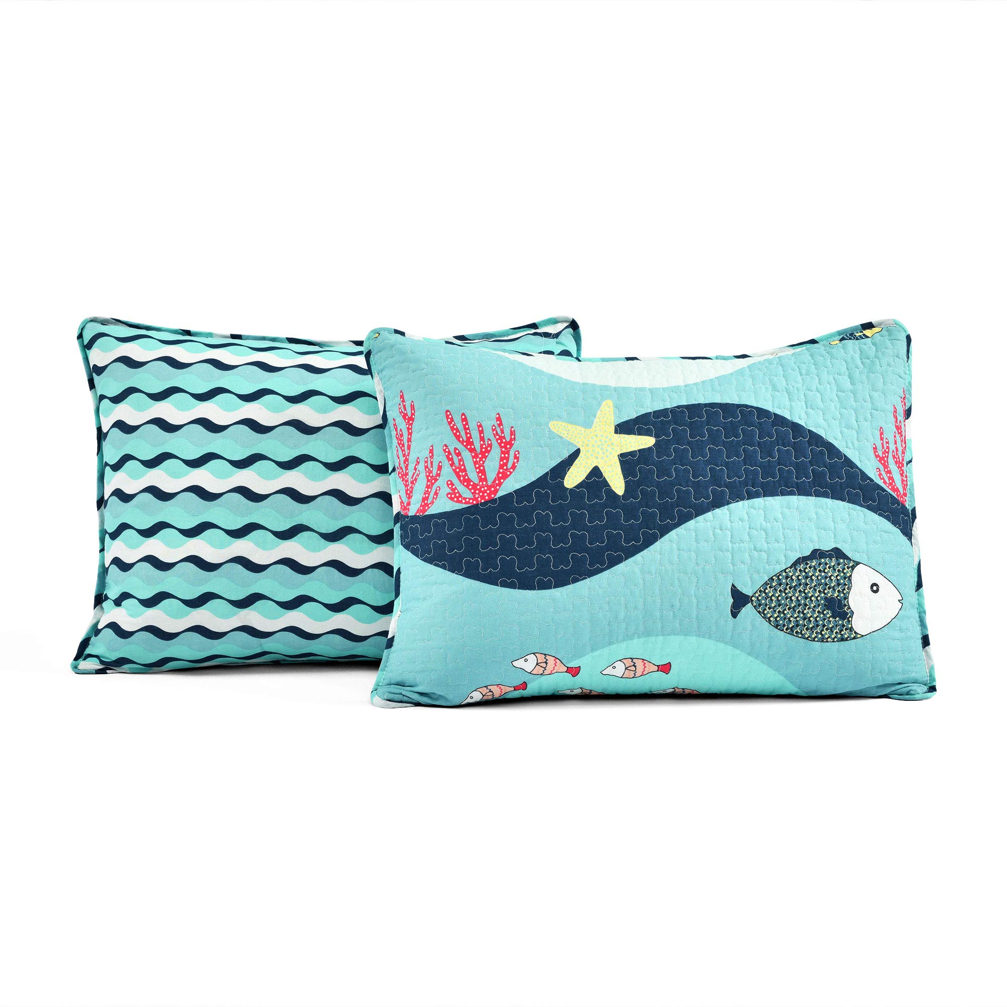 Lush Decor Sea Life Stripe 3-Piece Quilt Set - Ocean Themed Bedding with Quilt & Shams, Full/Queen Size, Blue | Perfect for Beach House Decor, Kids' Room & Coastal Style Bedrooms