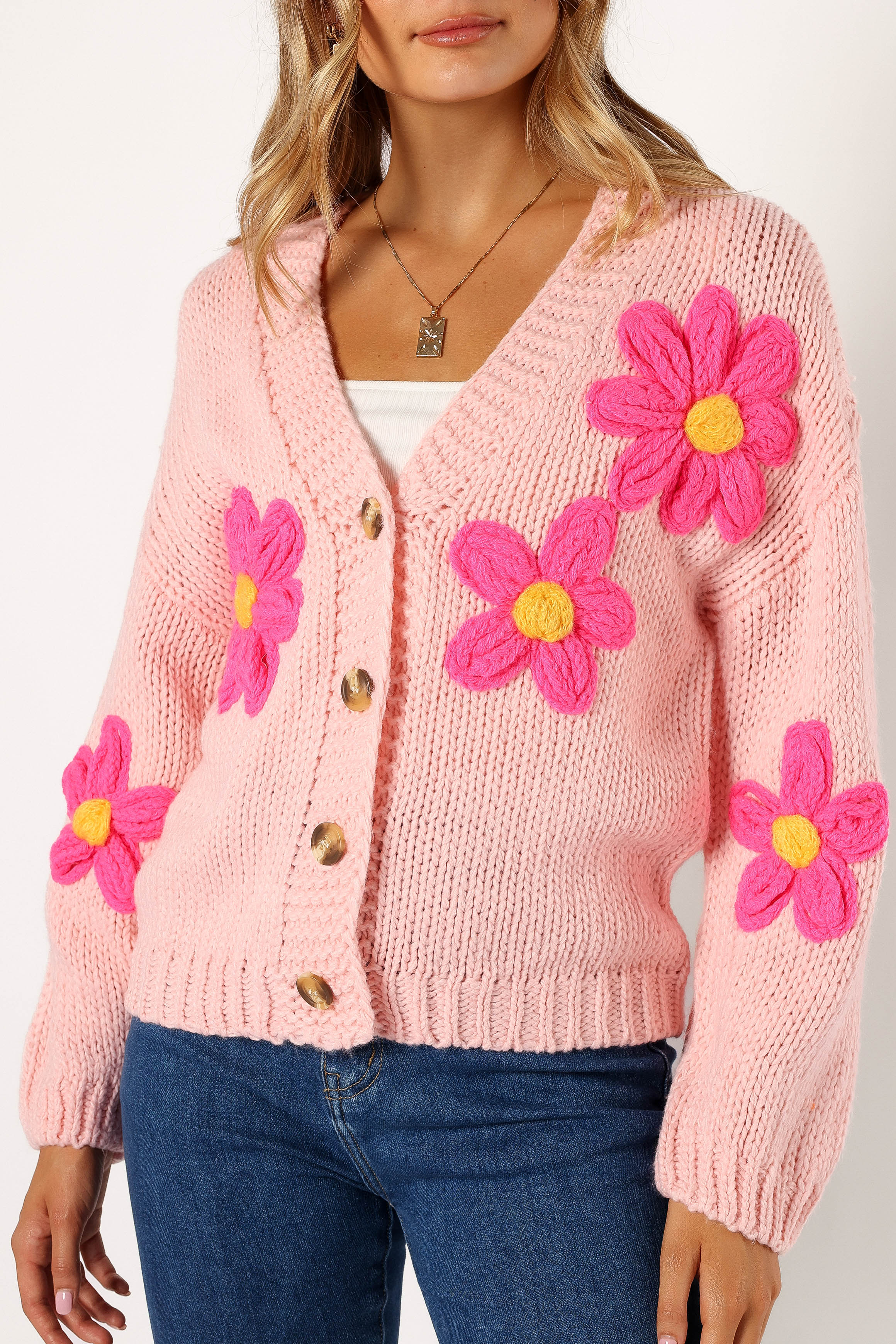 Elegant Clementine Flower Embroidered Open Front Cardigan - Soft Pink Knit Sweater for Women | Perfect for Spring Outfits & Casual Wear