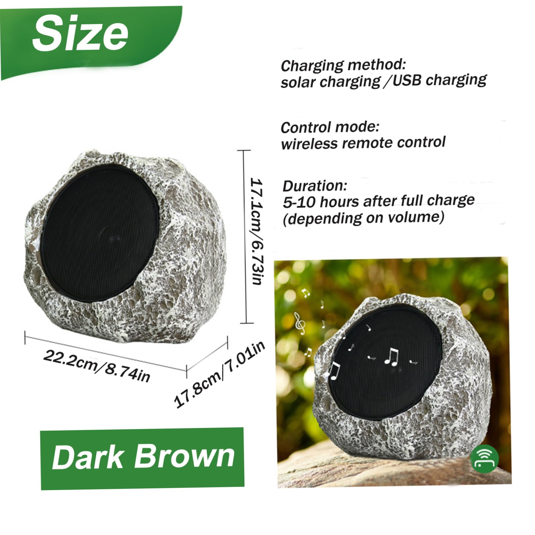 Outdoor Rock Speakers 9x7x7'' Waterproof Solar-Powered USB Wireless Rechargeable Outdoor Speakers for Garden Patios Villas Parks Camping Beach Poolside