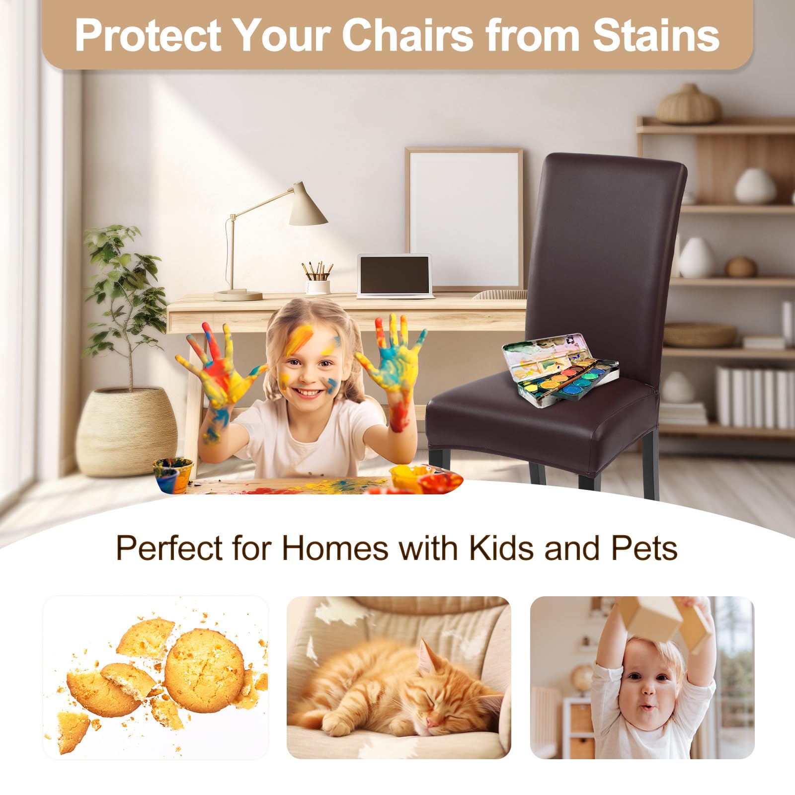 Waterproof PU Leather Dining Chair Covers Set of 6 - Stretch Oil-Resistant Parsons Chair Slipcovers, Washable Kitchen Chair Protectors for Dining Room (Brown) | Perfect for Home, Restaurant, and Office Use