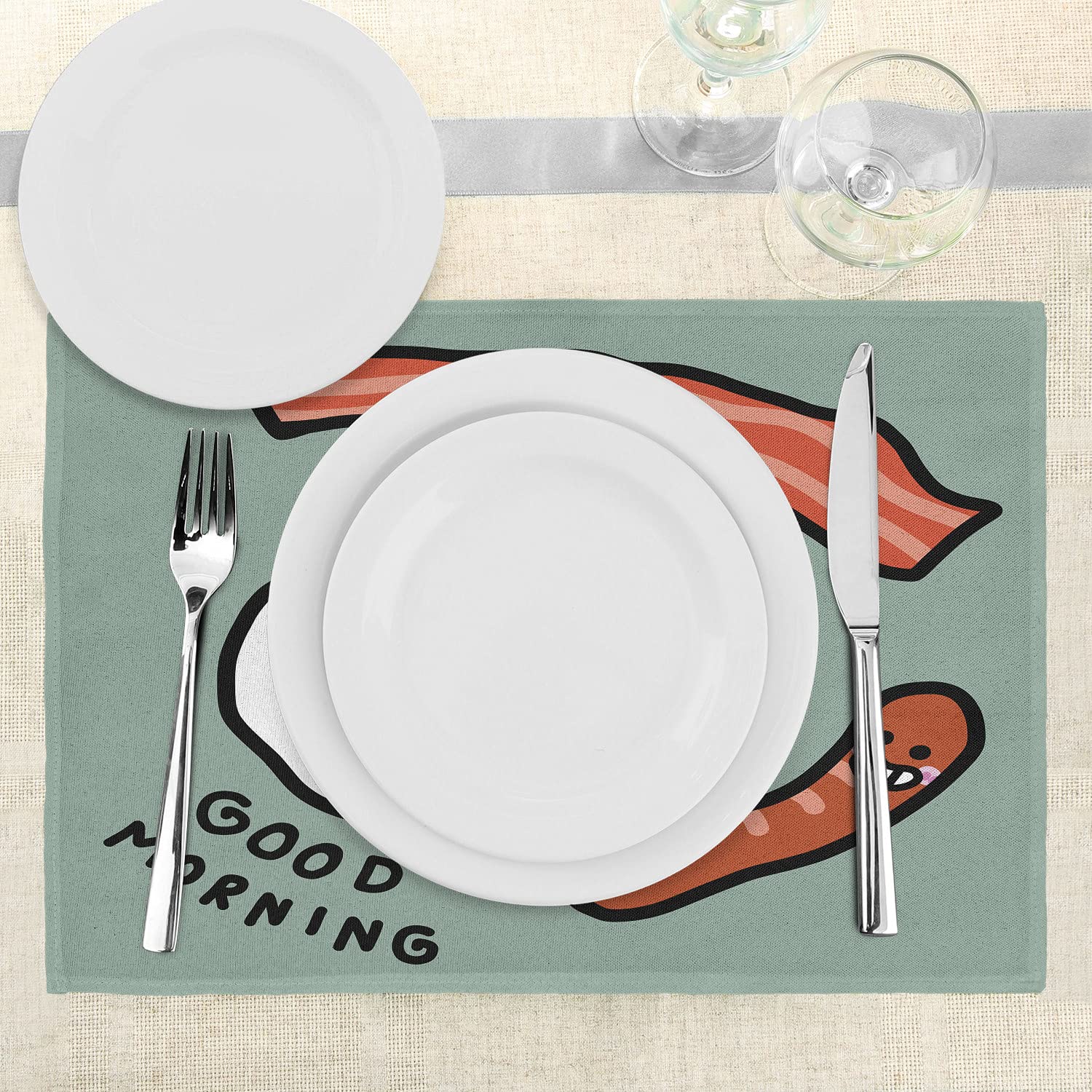 Ambesonne Breakfast Placemats Set of 4 - Washable Fabric Place Mats for Dining Table Decor in Pale Reseda Green, Cinnamon, Dark Yellow & Charcoal Grey - Perfect for Morning Meals, Kitchen Decor & Family Gatherings