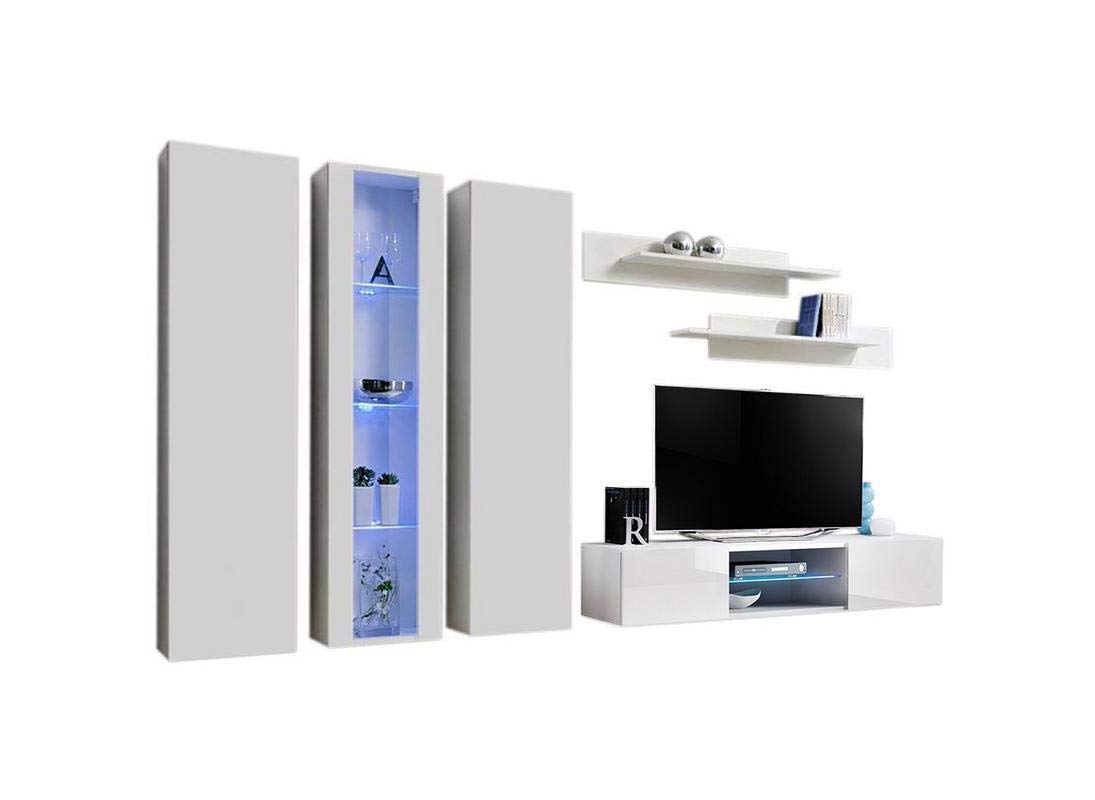 Modern White Wall-Mounted TV Stand with Storage Shelves & LED Lights - 33
