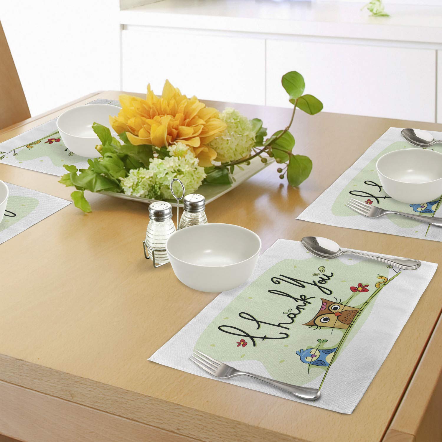 Ambesonne 4-Pack Animal Placemats Set - Cute Bird, Owl, Worm & Sparrow Floral Design with Thank You Message - Washable Fabric Table Mats for Dining Room & Kitchen Decor (Green) - Perfect for Family Dinners, Holiday Gatherings & Everyday Meals