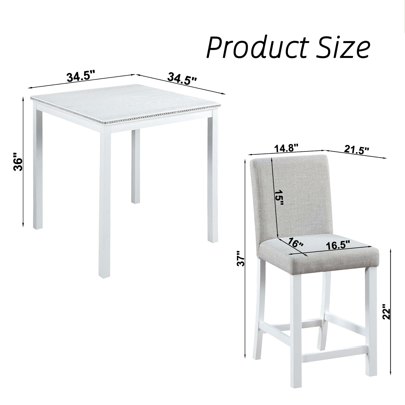 Square Counter Height Dining Table Set for 4 with 4 Upholstered Chairs - Easy to Assemble White Kitchen & Dining Room Furniture for Small Spaces, Apartments, Breakfast Nook