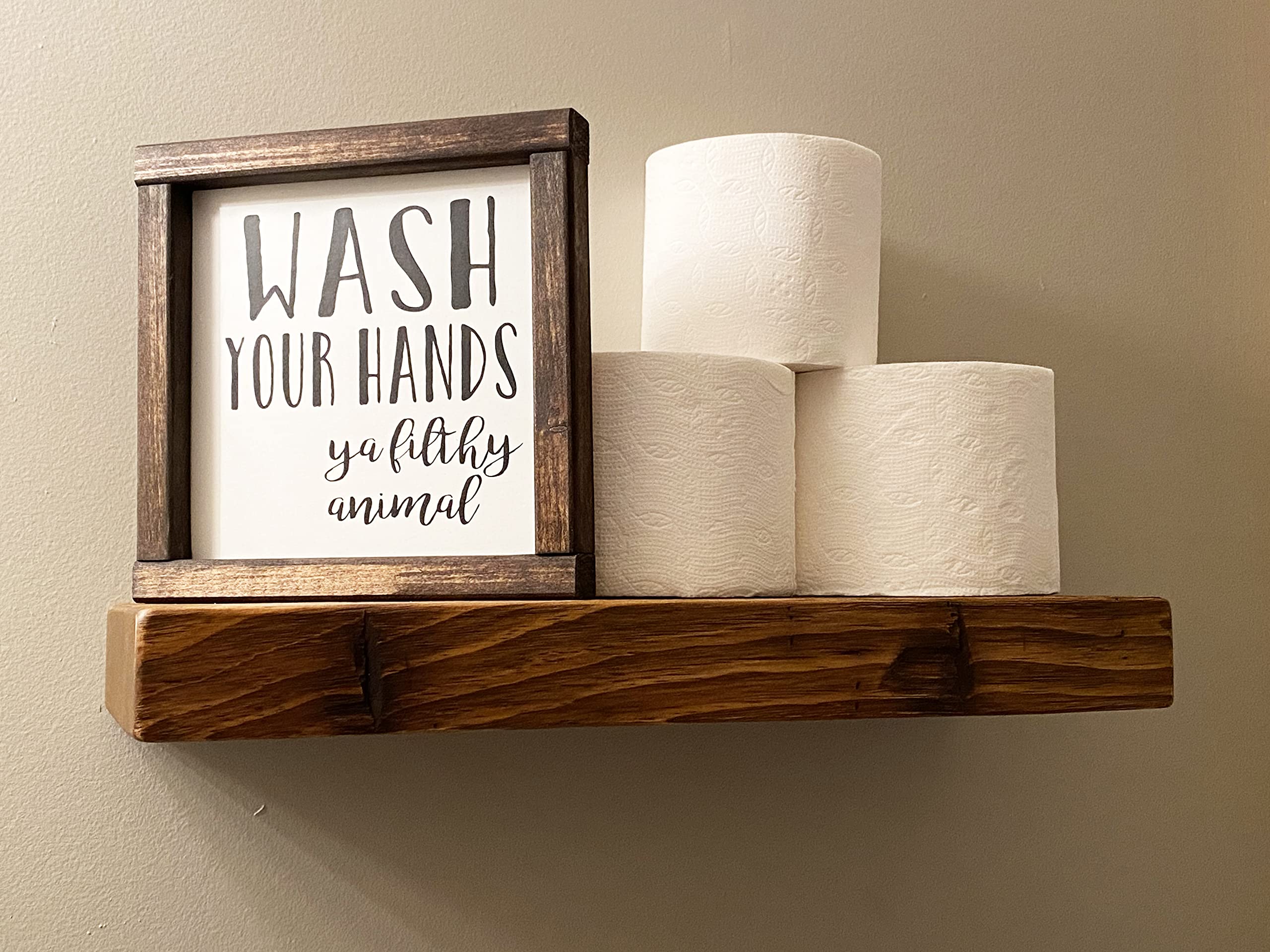 Joel's Antiques 24 Inch Floating Wall Shelves - Natural Solid Wood Rustic Bookshelves | Heavy Duty Easy Installation (24x9x2 Inches, Medium Brown) | Perfect for Bathroom Storage, Kitchen Decor & Living Room Display