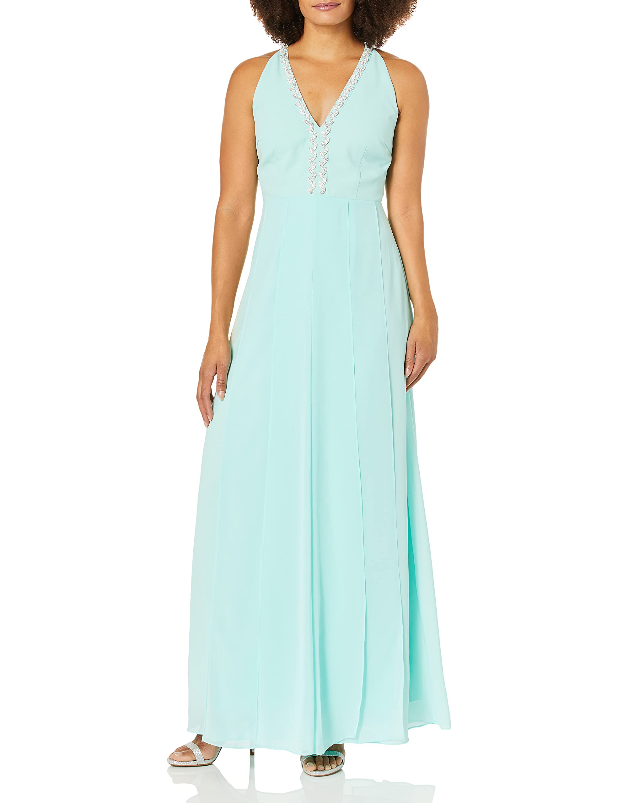 Elegant Minuet Women's Embellished V-Neck Halter Long Dress for Evening Parties, Weddings & Special Occasions