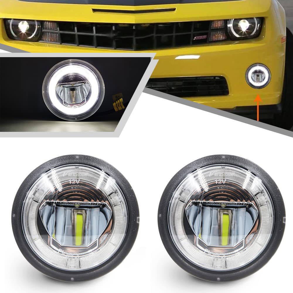 2Pcs White Halo LED Fog Lights with Clear Lens - Daytime Running Lights (DRL) & Driving Lights for Chevy Camaro 2010-2013 Models - Perfect for Night Driving & Enhanced Visibility in Foggy Conditions