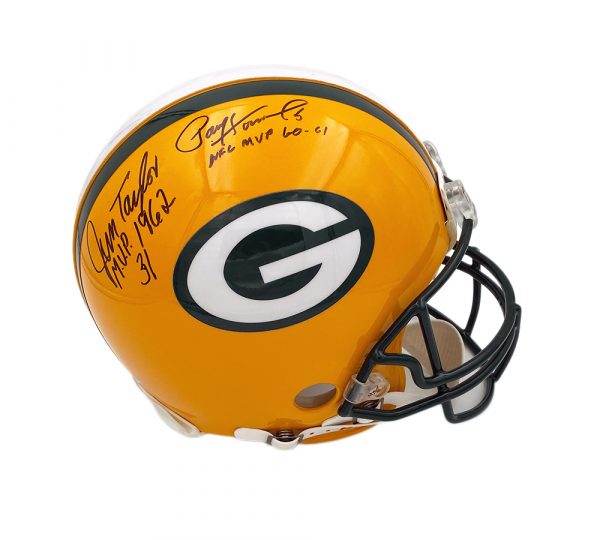 Authentic Signed Green Bay Packers NFL Helmet - Favre, Starr, Taylor & Hornung MVPs with 4 Inscriptions - Perfect for Sports Memorabilia Collectors & Packers Fans Display