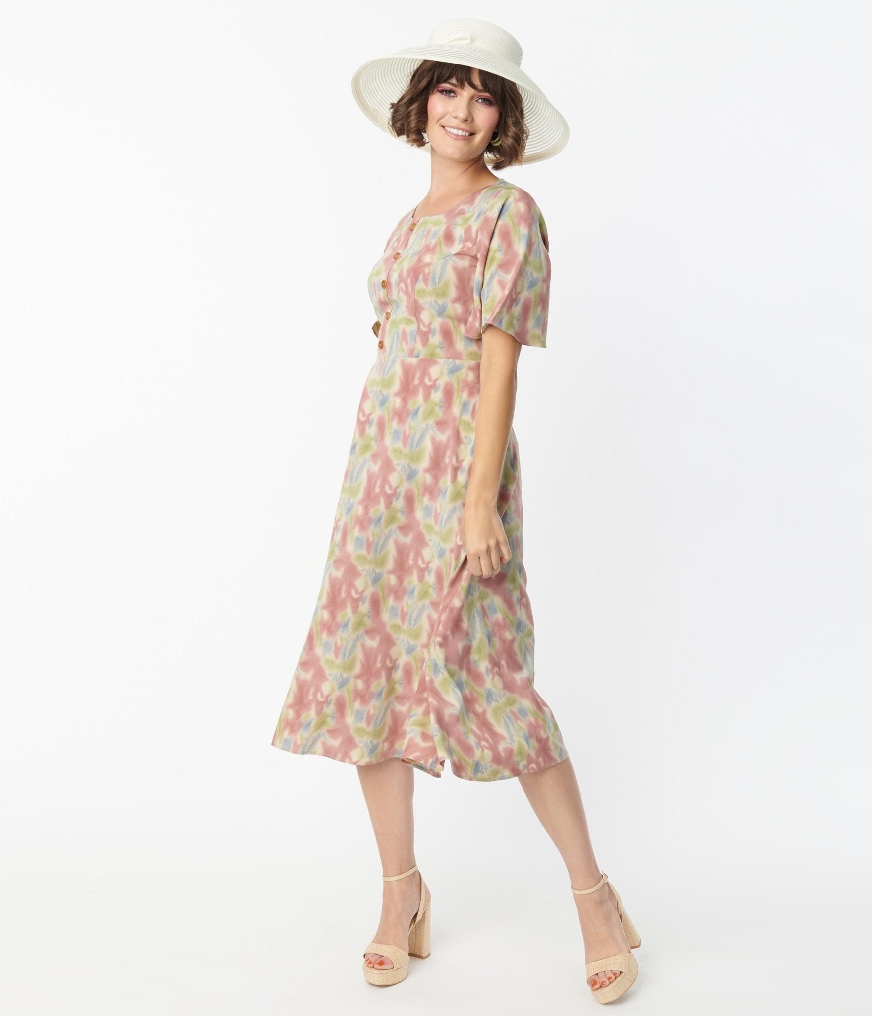 Stylish Pink & Blue Watercolor Print Midi Dress for Women | Flowy Summer Festival Outfit | Perfect for Beach Vacations, Music Festivals & Date Nights