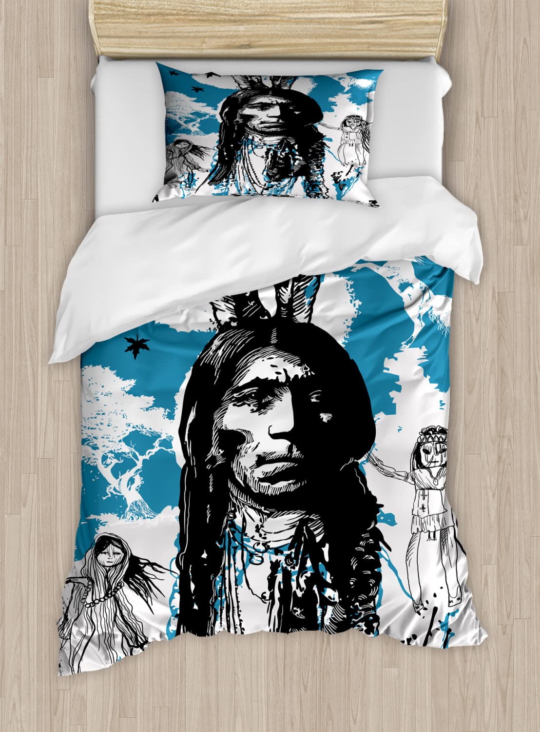 Ambesonne Ethnic Duvet Cover Set - King Size 2-Pack with Sketch Style Father Design | Includes 2 Duvet Covers & 4 Pillowcases | Blue Black and White Bedding | Perfect for Master Bedroom, Guest Room & Bohemian Home Decor
