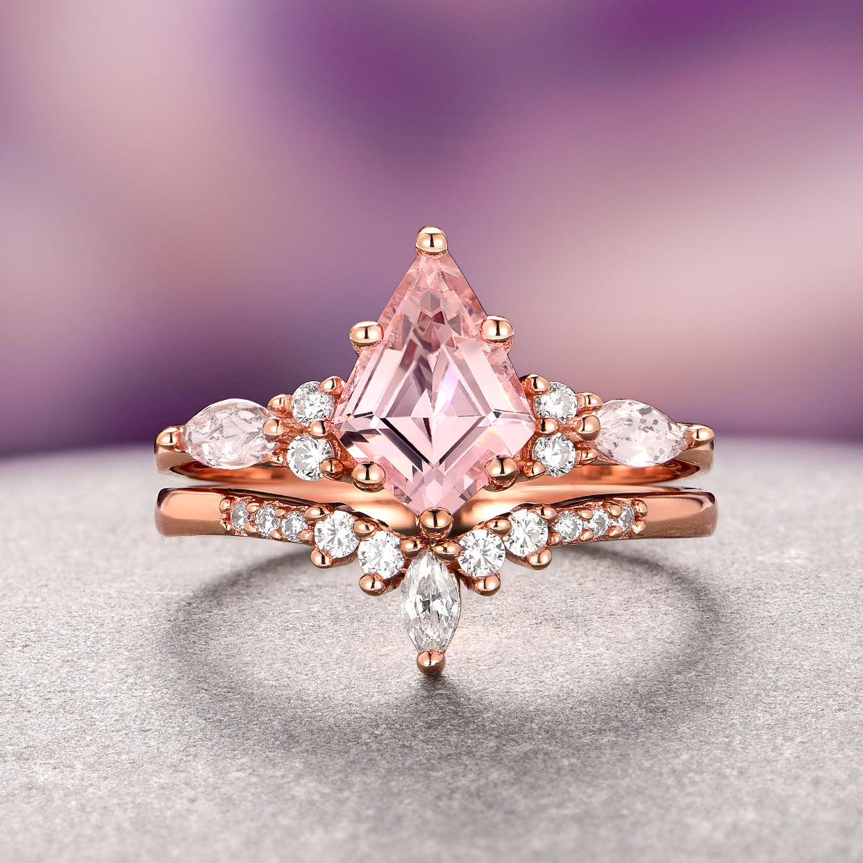 Skye Kite™ 14K Rose Gold Vermeil Morganite Ring Set for Women - Elegant Stackable Rings for Engagement, Wedding, Anniversary & Everyday Wear
