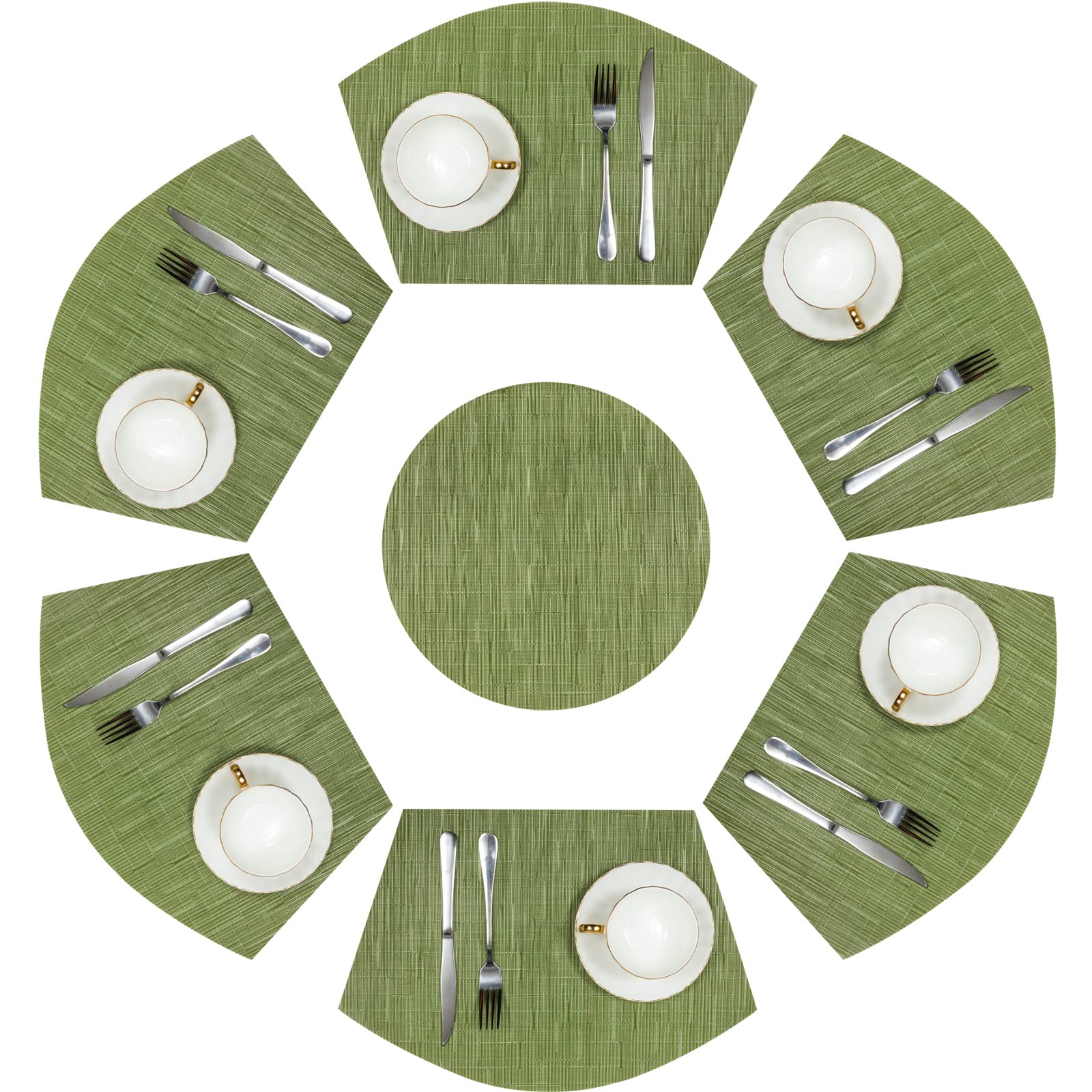 SHACOS 7-Piece Round Table Placemats Set - Heat Resistant Wedge Placemats with Centerpiece Mat, Wipe Clean, Eco-Friendly (Green) - Perfect for Dining Tables, Kitchen Countertops & Party Decorations