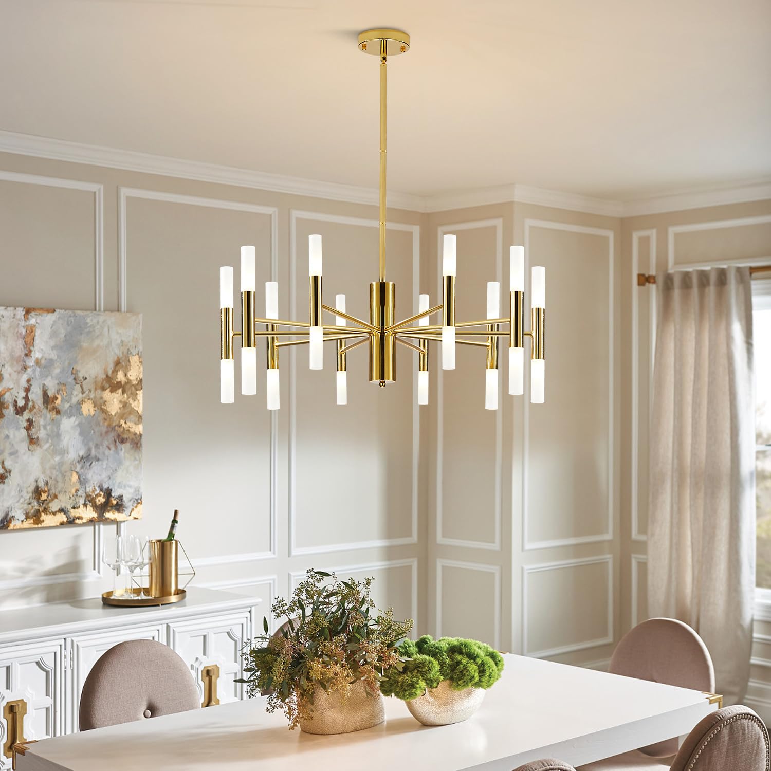 BOKT Modern 20-Light LED Sputnik Chandelier - Mid Century Pendant Light with Acrylic White Shades & Gold Finish - Semi Flush Mount Ceiling Fixture for Dining Room, Living Room, Bedroom (Small Size)