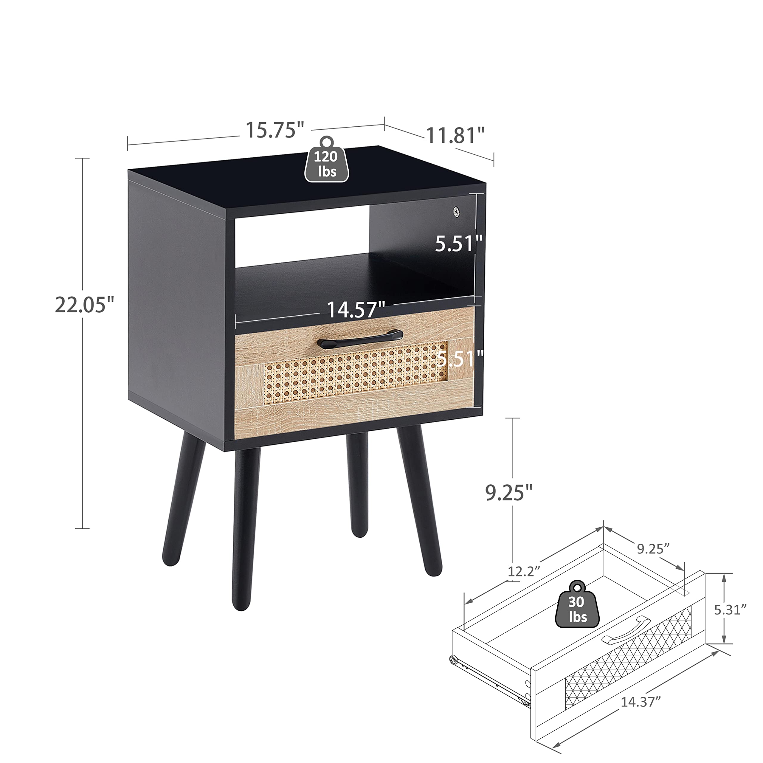 2-Piece Rattan Nightstand Set with Drawer - Boho Bedside Table with Solid Wood Legs & Open Shelf - Modern End Table for Bedroom, Living Room (Black) - Perfect for Small Spaces & Apartment Decor
