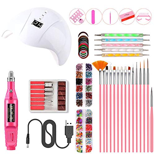 Gokeop Professional USB Smart Nail Lamp Kit with 15PCS Flexible Nail Brushes & 5PCS Dotting Pens - Nail Art Accessories Set for Gel Polish Curing & Manicure Decorations (White) - Perfect for Home Salon, DIY Nail Designs & Professional Nail Artists