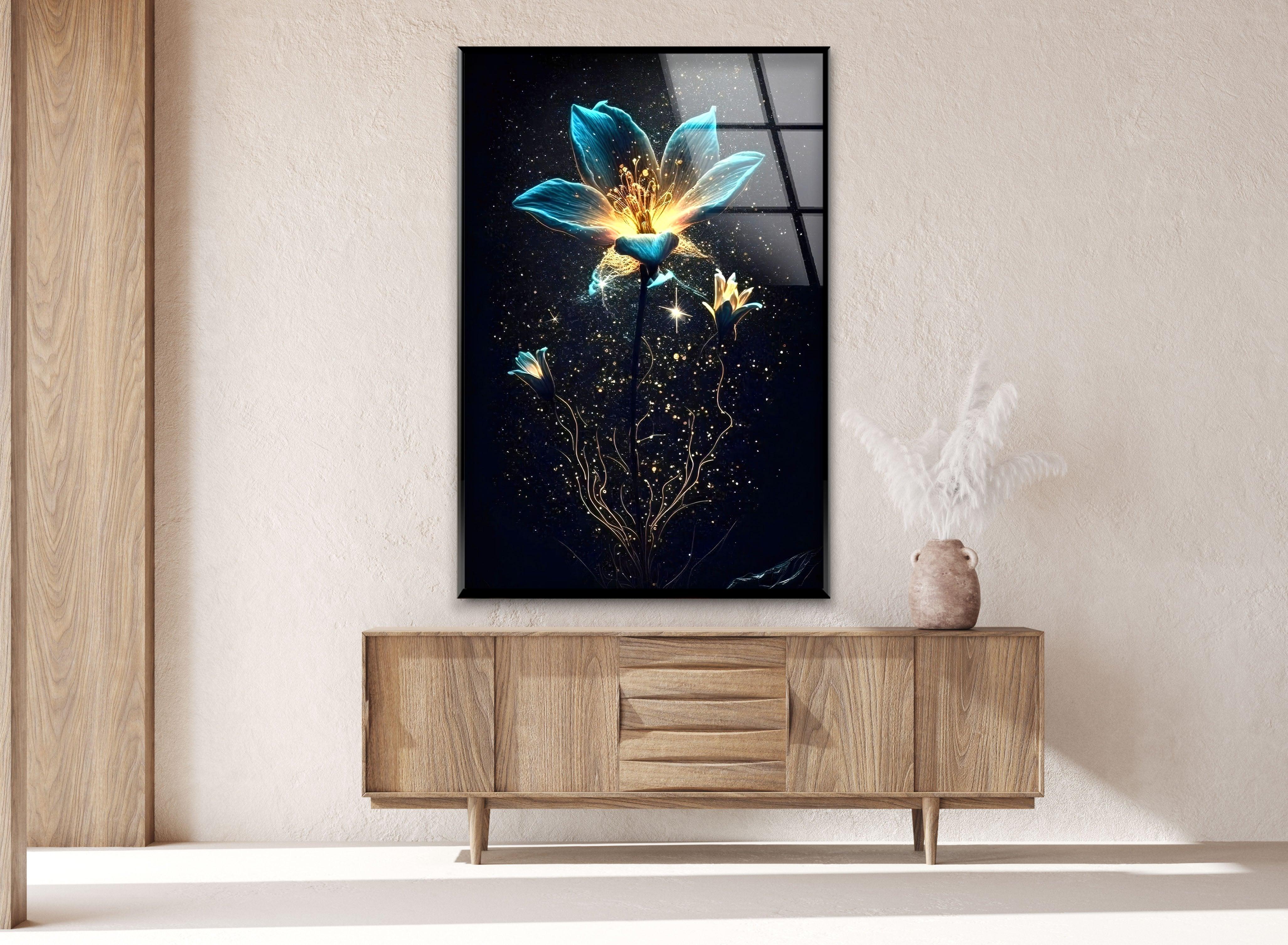 Glowing Bioluminescent Flowers Glass Wall Art - Handmade Home Decor for Living Room, Bedroom, Office - Unique Night Light & Modern Interior Design Gift Idea