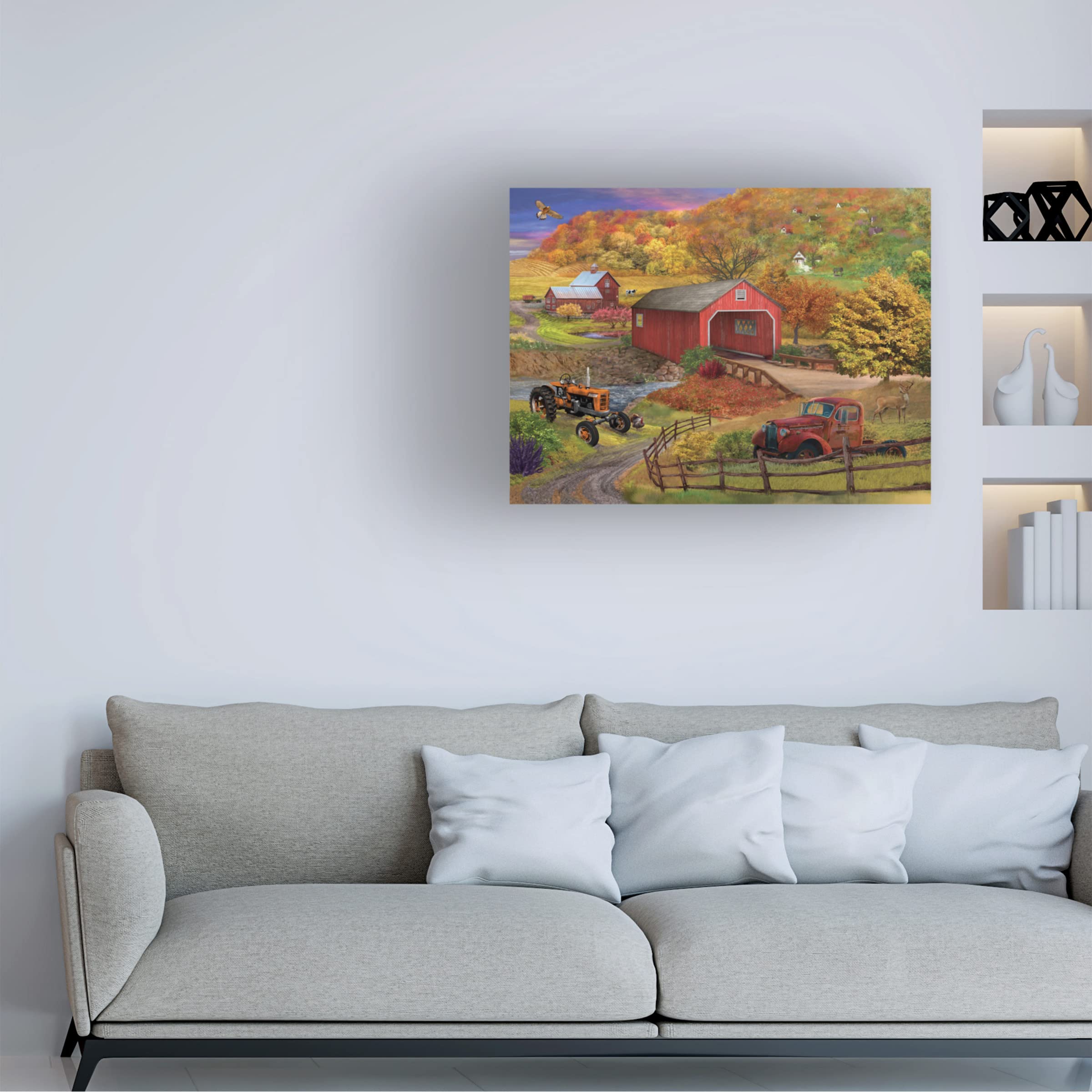 Trademark Fine Art 'Fall Bridge' Canvas Wall Art by Bigelow Illustrations - Autumn Landscape Painting for Living Room, Bedroom & Office Decor