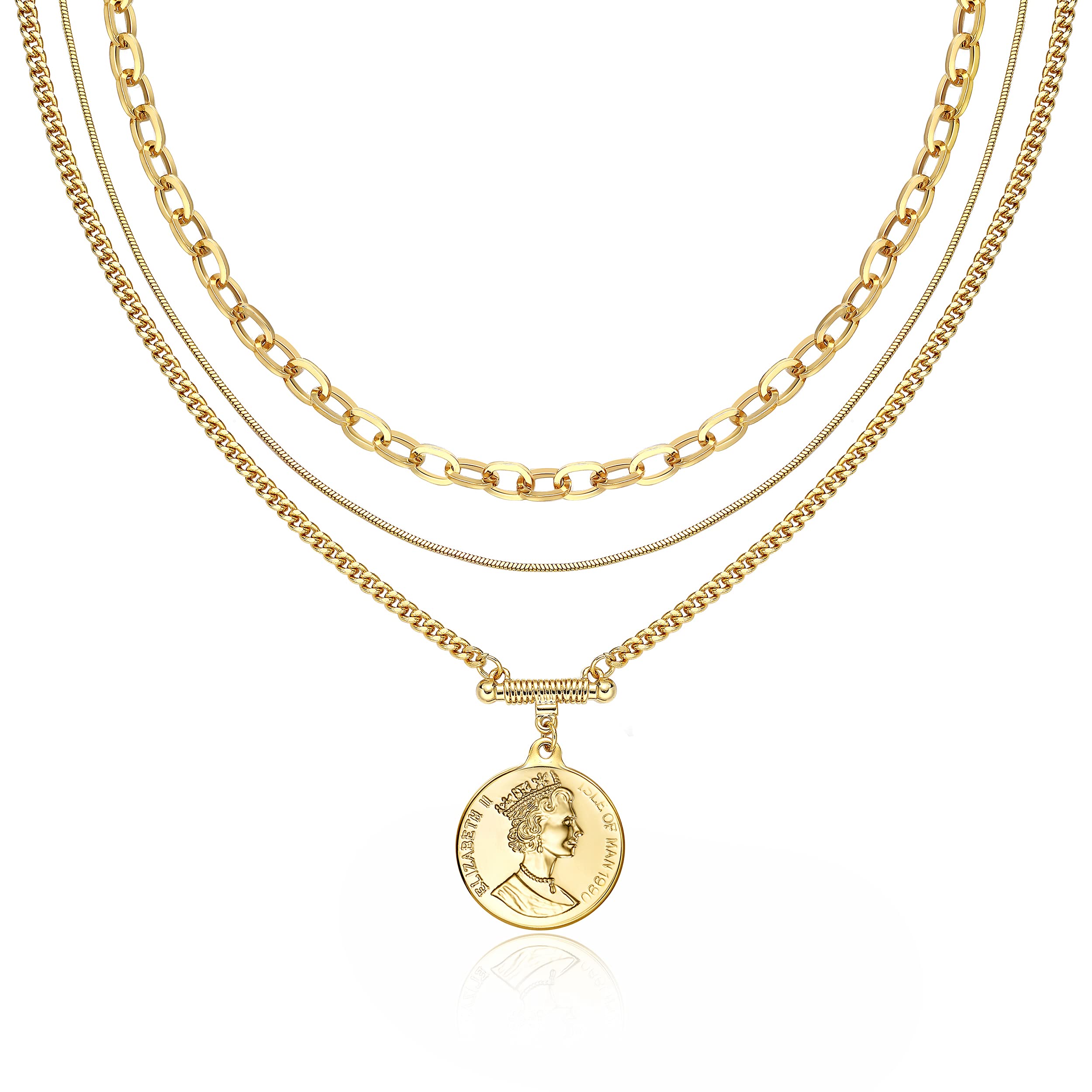 14K Gold Plated Coin Cross Pendant Necklace for Women - Chunky Chain Layered Choker Jewelry | Perfect for Everyday Wear, Gift Giving & Special Occasions