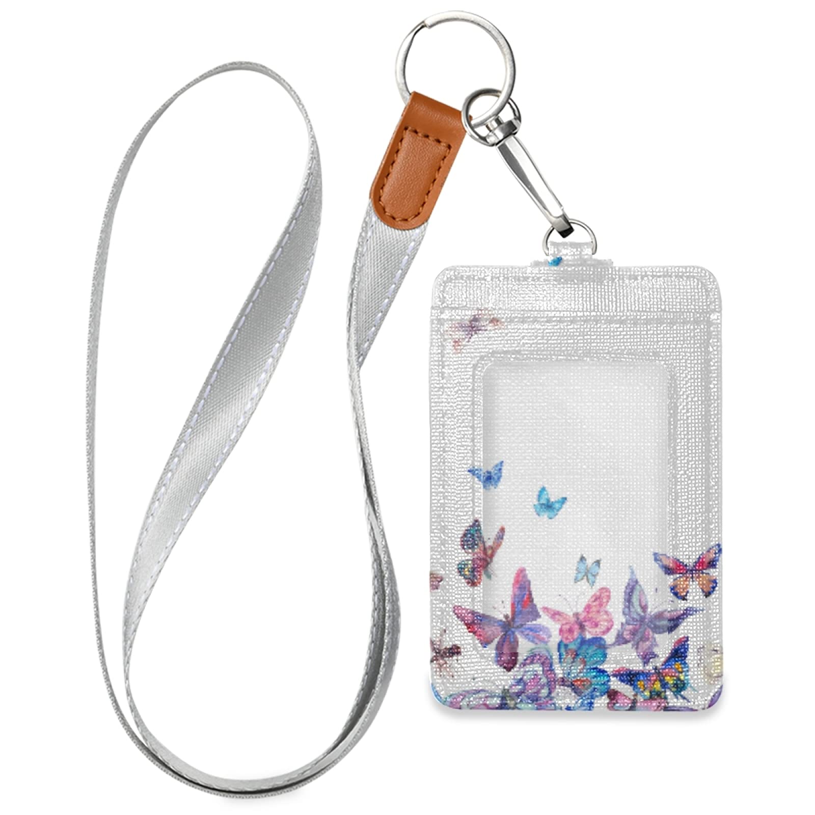 Vintage Butterfly ID Badge Holder - Leather Vertical with Lanyard for Office & School