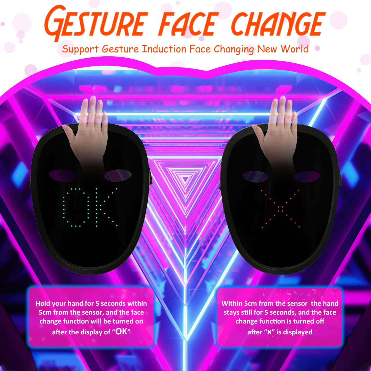 LED Halloween Mask with Gesture Sensing - Glowing Costume Mask for Kids, Men & Women - Perfect for Cosplay, Parties, Trick or Treating & Night Events