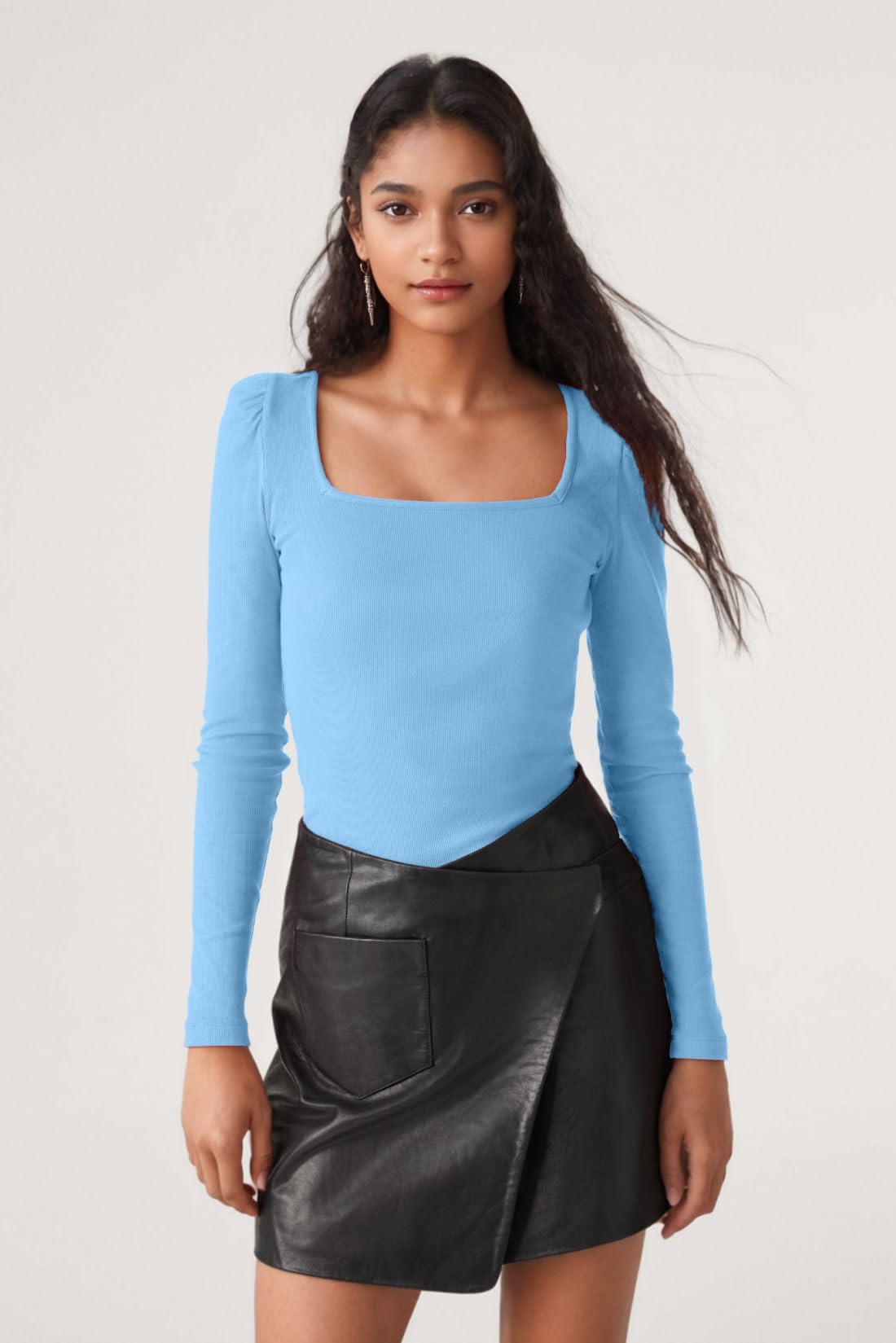 Allimy Women's Long Sleeve Basic Tees - Square Neck Ribbed Slim Fit Tops for Fall | Casual Wear, Layering & Office Outfits
