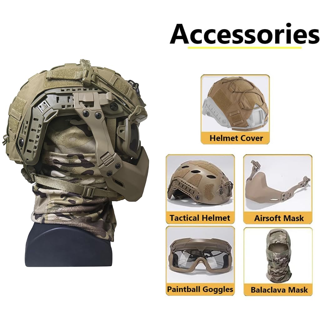 ZJIEYU Airsoft Fast Helmet with Half Mask & Goggles - Tactical Helmet Set with Multicam Cover for Airsoft, Hunting, Paintball, BB & CS Games | Perfect for Outdoor Sports & Tactical Training