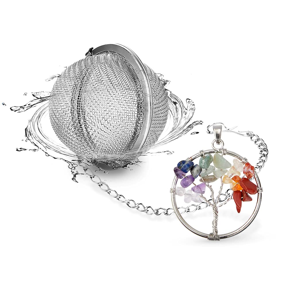 Natural Healing Crystals Quartz Tree of Life Tea Infuser - 7 Chakra Gemstone Pendant with 18/8 Stainless Steel Mesh Tea Ball for Loose Leaf Tea | Perfect for Meditation, Yoga & Relaxation Tea Time