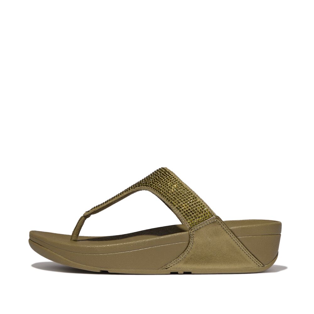 FitFlop Lulu Crystal Embellished Sandals for Women - Metallic Camo Green | Comfortable & Stylish Summer Flip Flops | Perfect for Beach, Pool, and Casual Outings