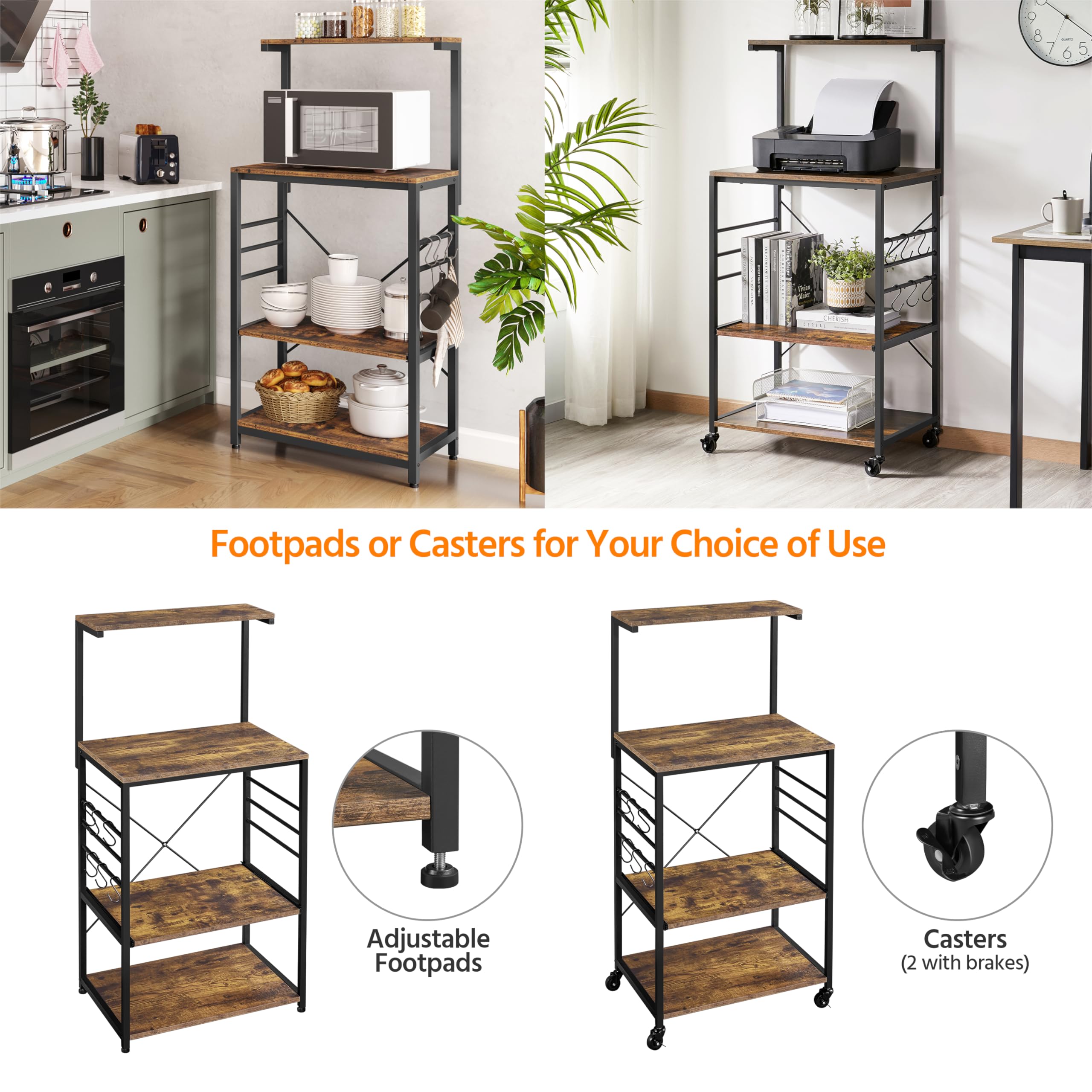 Yaheetech 3-Tier Bakers Rack with Wheels - Microwave Stand, Coffee Bar Cart with 6 Hooks & Sliding Shelf - Rustic Brown Kitchen Utility Storage Cart with Spice Rack - Perfect for Small Kitchens, Dining Rooms & Coffee Stations
