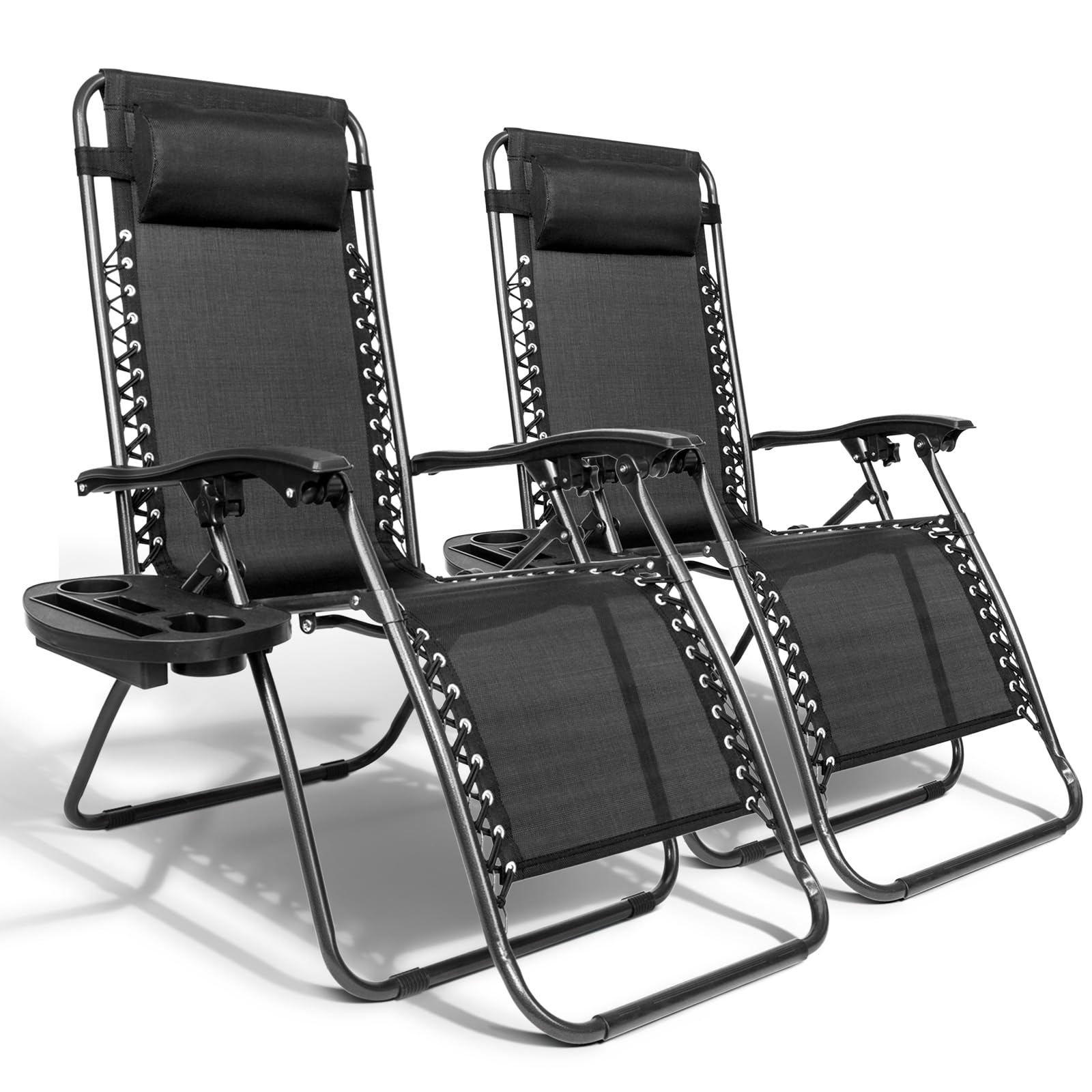 Bonnlo Zero Gravity Chair Set of 2 - Adjustable Reclining Patio Lounge Chairs with Pillow & Cup Holder, Foldable Outdoor Lawn Chairs for Deck, Backyard, Beach, Poolside & Garden Relaxation (Black)