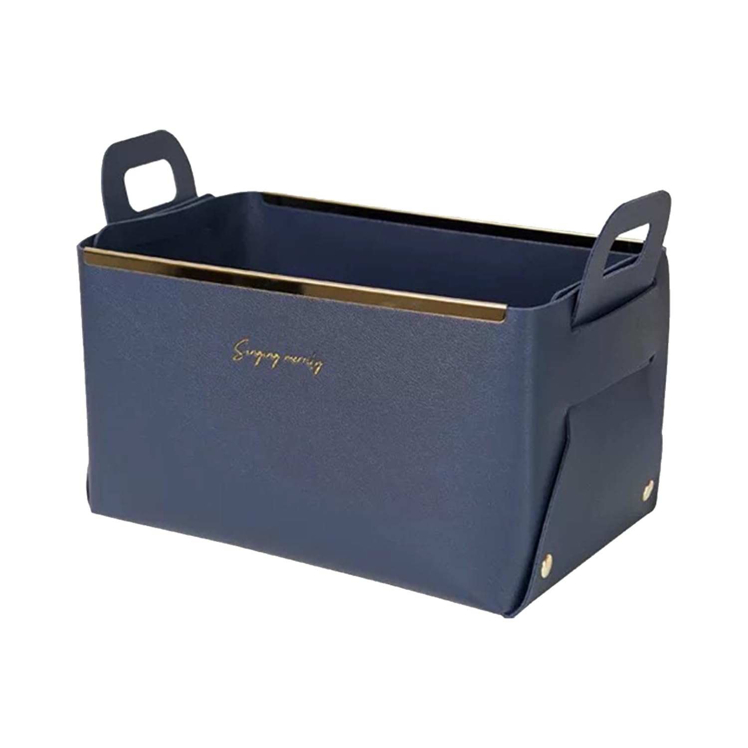 Foldable Storage Basket Organizer with Handles - Small Decorative Bin for Bathroom, Vanity, Entryway - Faux Leather Collapsible Tray (Navy) | Perfect for Home Organization, Office Supplies & Gift Ideas