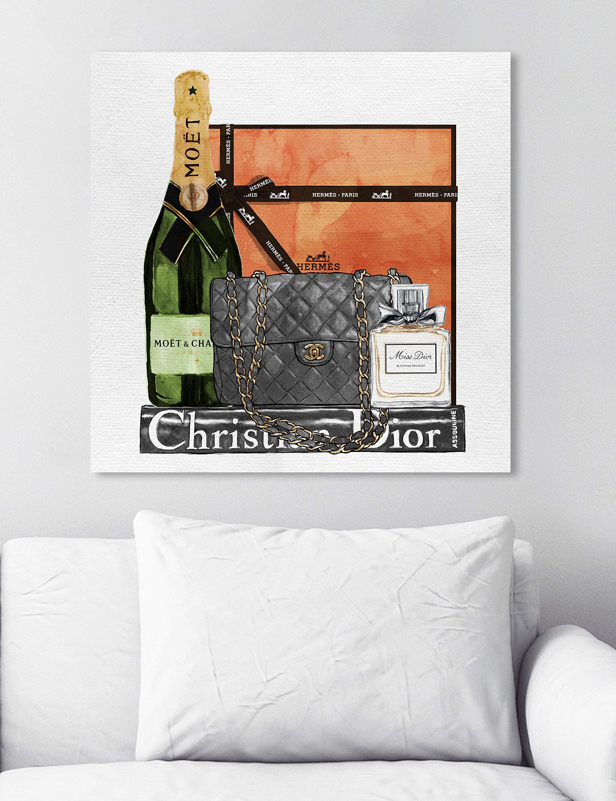 Oliver Gal 'Delicate Perfume and Books' Gray Fashion Wall Art Print - Premium Canvas 24x24 Inches - Modern Home Decor for Living Room, Bedroom & Office