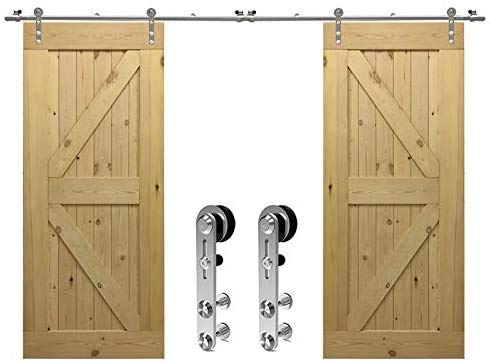14FT Heavy Duty Stainless Steel Sliding Double Barn Door Hardware Track Kit - Easy Installation with Round Hangers | Perfect for Farmhouse, Industrial & Rustic Home Decor