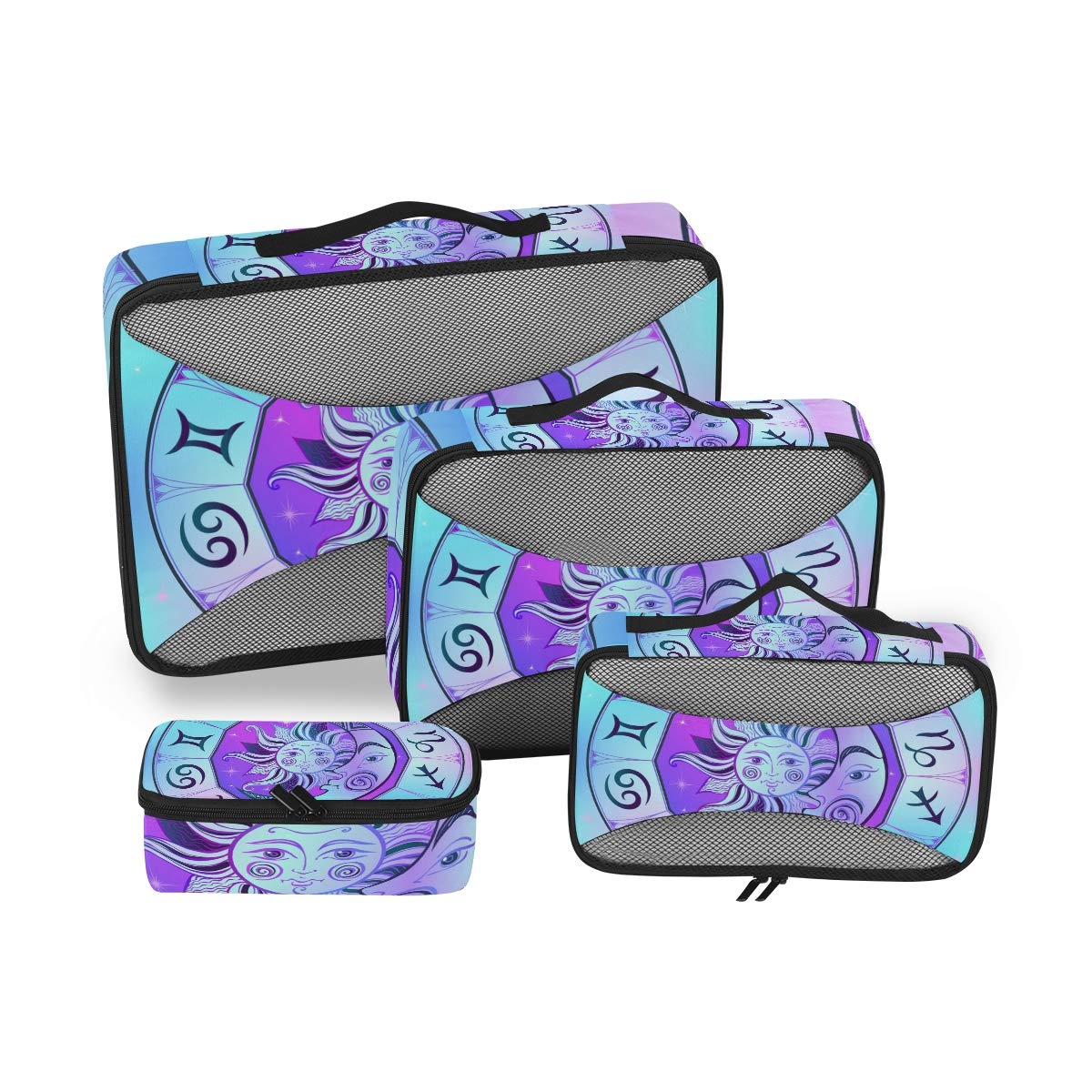 Space Zodiac Luna Sun Wheel 4-Piece Packing Cubes Set - Travel Luggage Organizers for Suitcases & Backpacks - Perfect for Business Trips, Vacations & Weekend Getaways