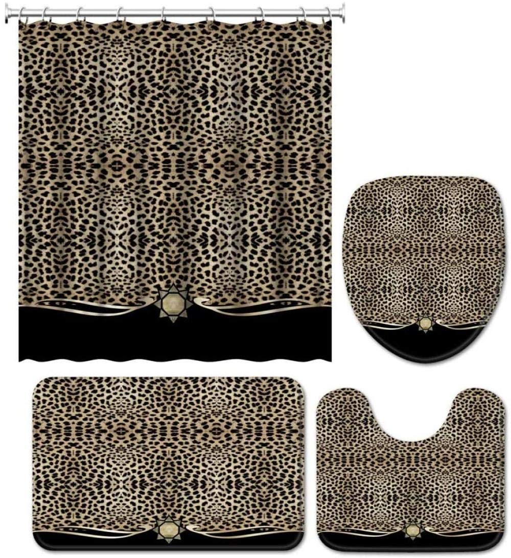 4PCS Leopard Print Shower Curtain Set - Cheetah Bathroom Decor with Non-Slip Rug, Toilet Cover & 12 Hooks | Waterproof Bath Mat for Modern Home, Spa & Guest Bathroom Decor