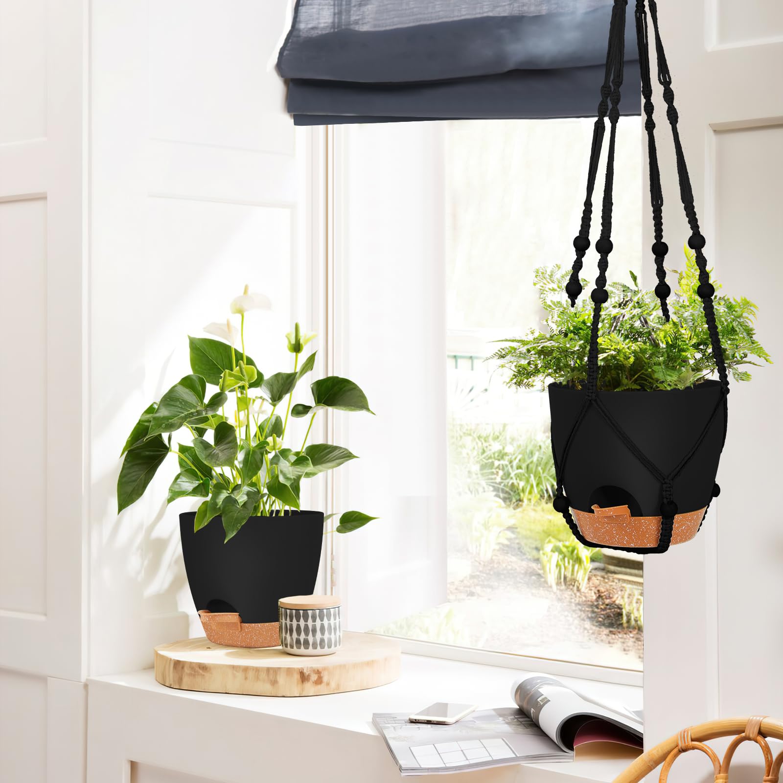 GARDIFE 8 Inch Self Watering Hanging Planters with Macrame Hanger - 2 Pack Large Indoor Outdoor Flower Pots with Drainage Hole & Basket - Perfect for Home Decor, Balcony, Garden, and Patio Plants (Black)