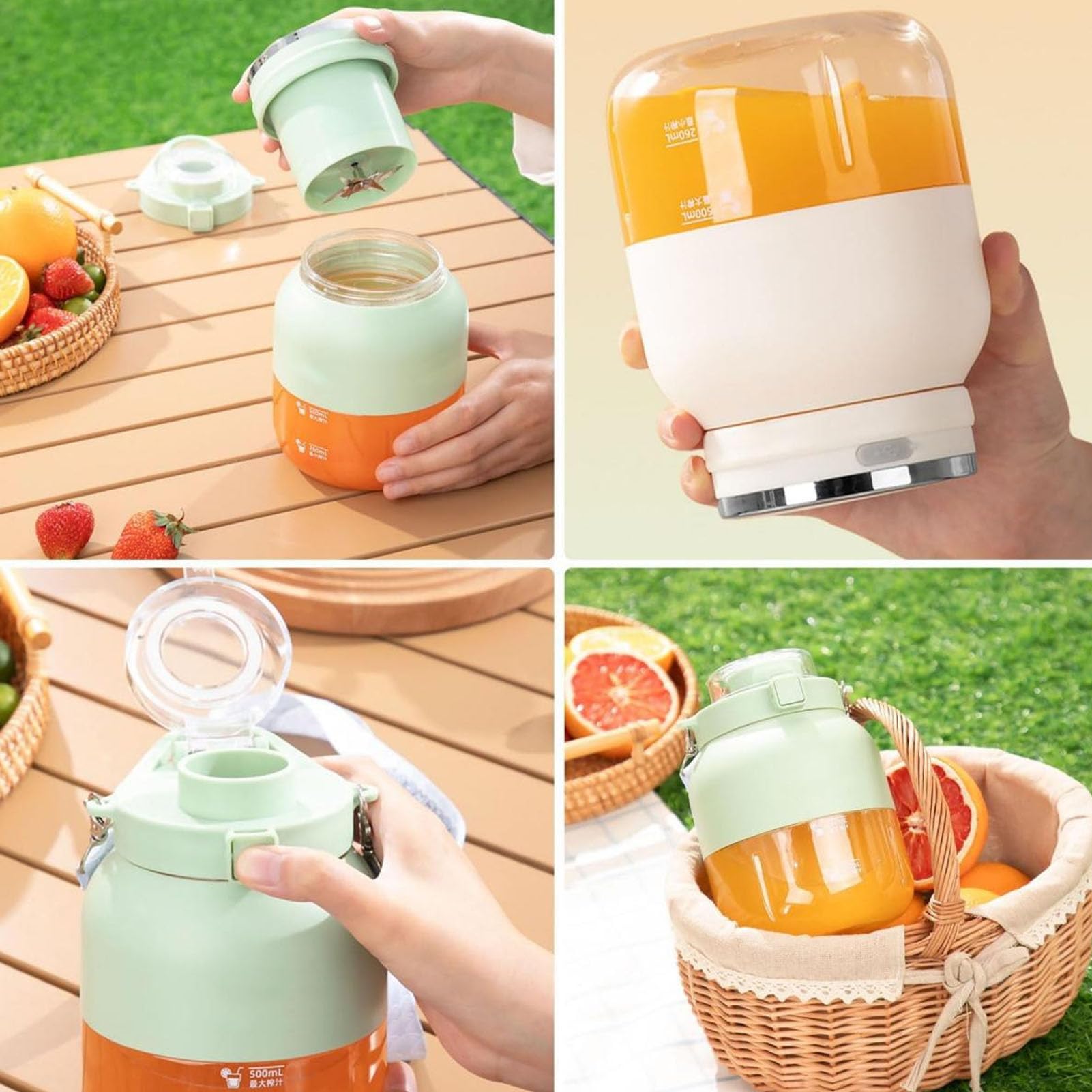 Portable Electric Citrus Juicer - Wireless USB Rechargeable, High Heat Resistant with Safety Lock - Perfect for Road Trips, Picnics & Outdoor Adventures (Light Green) - Compact Travel Juicer for Fresh Juice On-The-Go