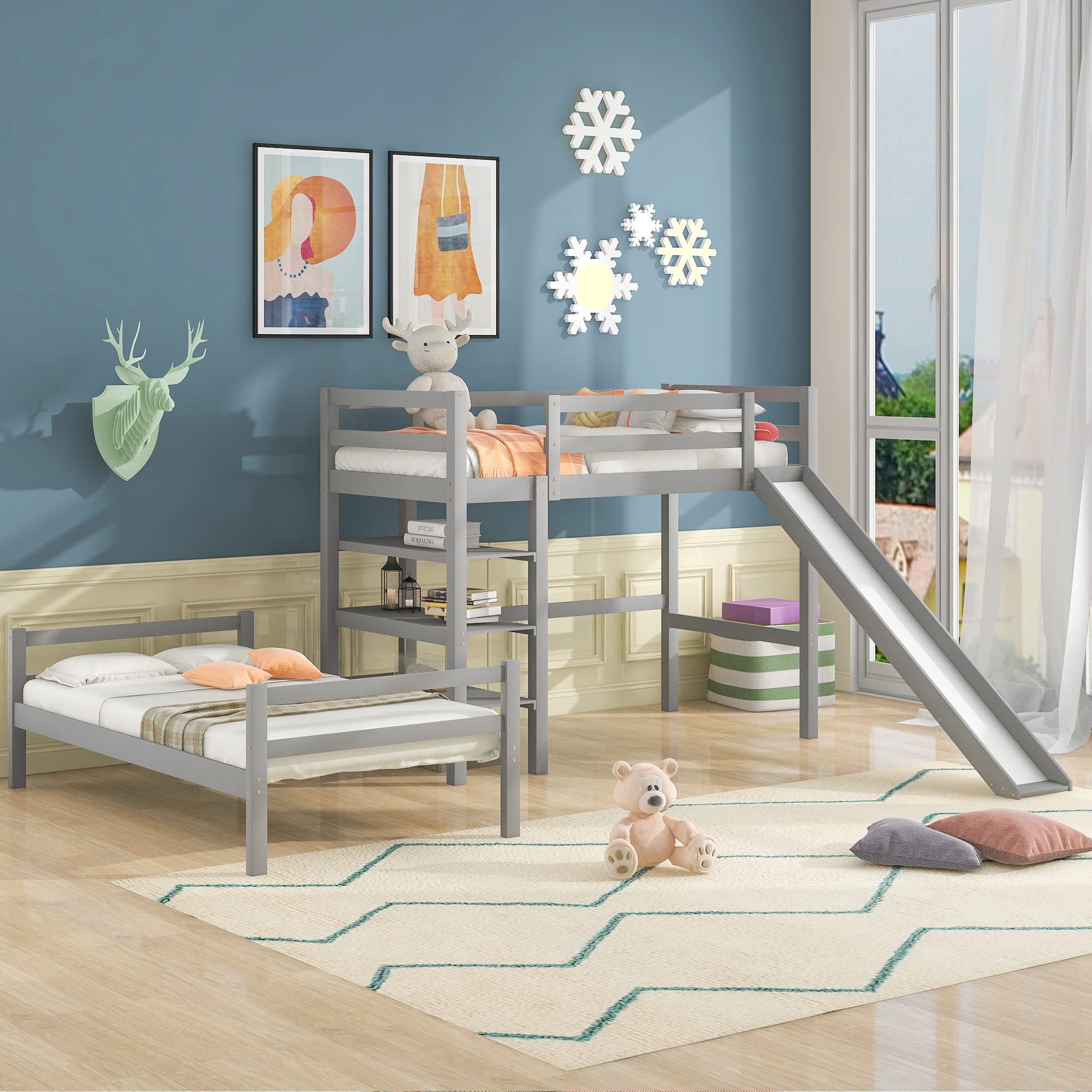 Harper & Bright Designs Twin Size Loft Bed with Slide & Shelves - Space-Saving Twin Over Twin Bunk Bed for Kids & Teens - Perfect for Small Bedrooms, Dorms & Playrooms (Grey)