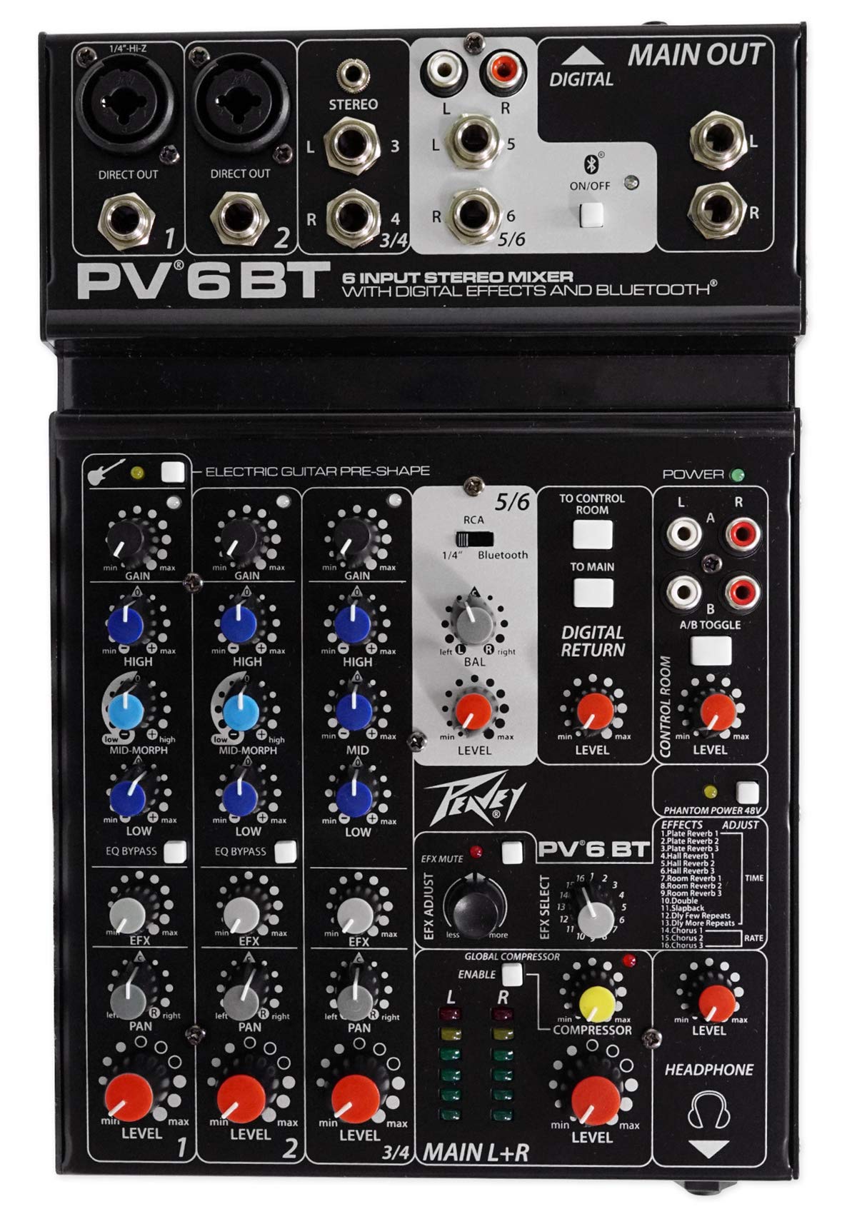 Peavey PV 6BT Professional Audio Mixer with Bluetooth, USB, Compressor & FX - 2 Mic Inputs + Includes (2) XLR Cables - Perfect for Live Performances, Studio Recording & DJ Setups